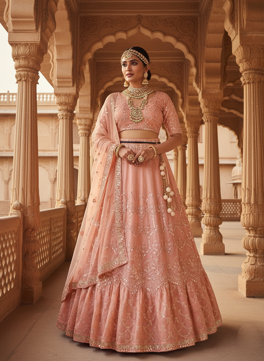 Peach Net Lehenga Choli | Sequins Embroidered Ethereal Ensemble