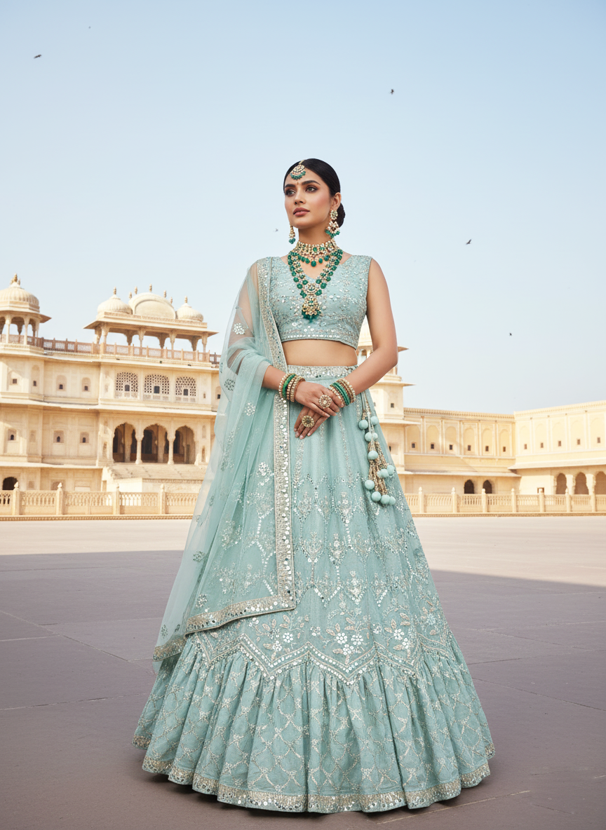 Firoji Net Lehenga Choli | Sequins Embroidered Striking Ensemble
