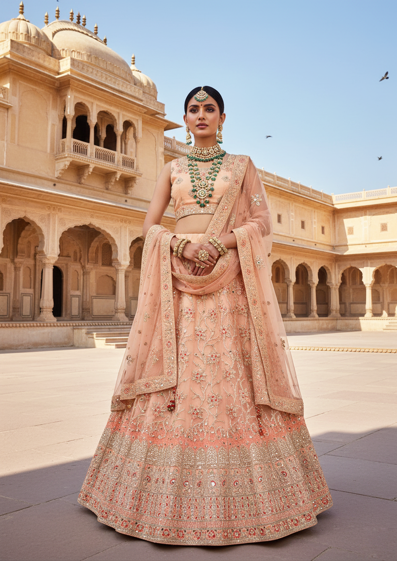 Peach Net Lehenga Choli | Sequins Embroidered Graceful Ensemble