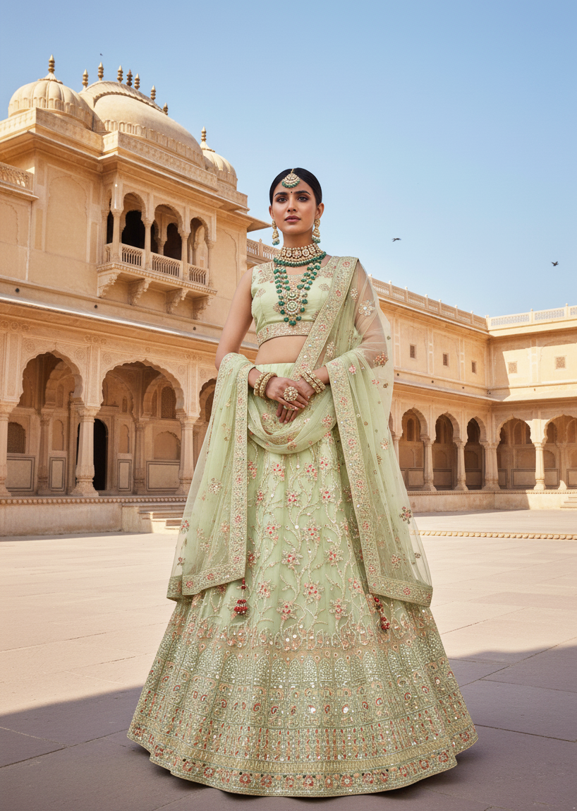 Pista Net Lehenga Choli | Sequins Embroidered Refreshing Ensemble