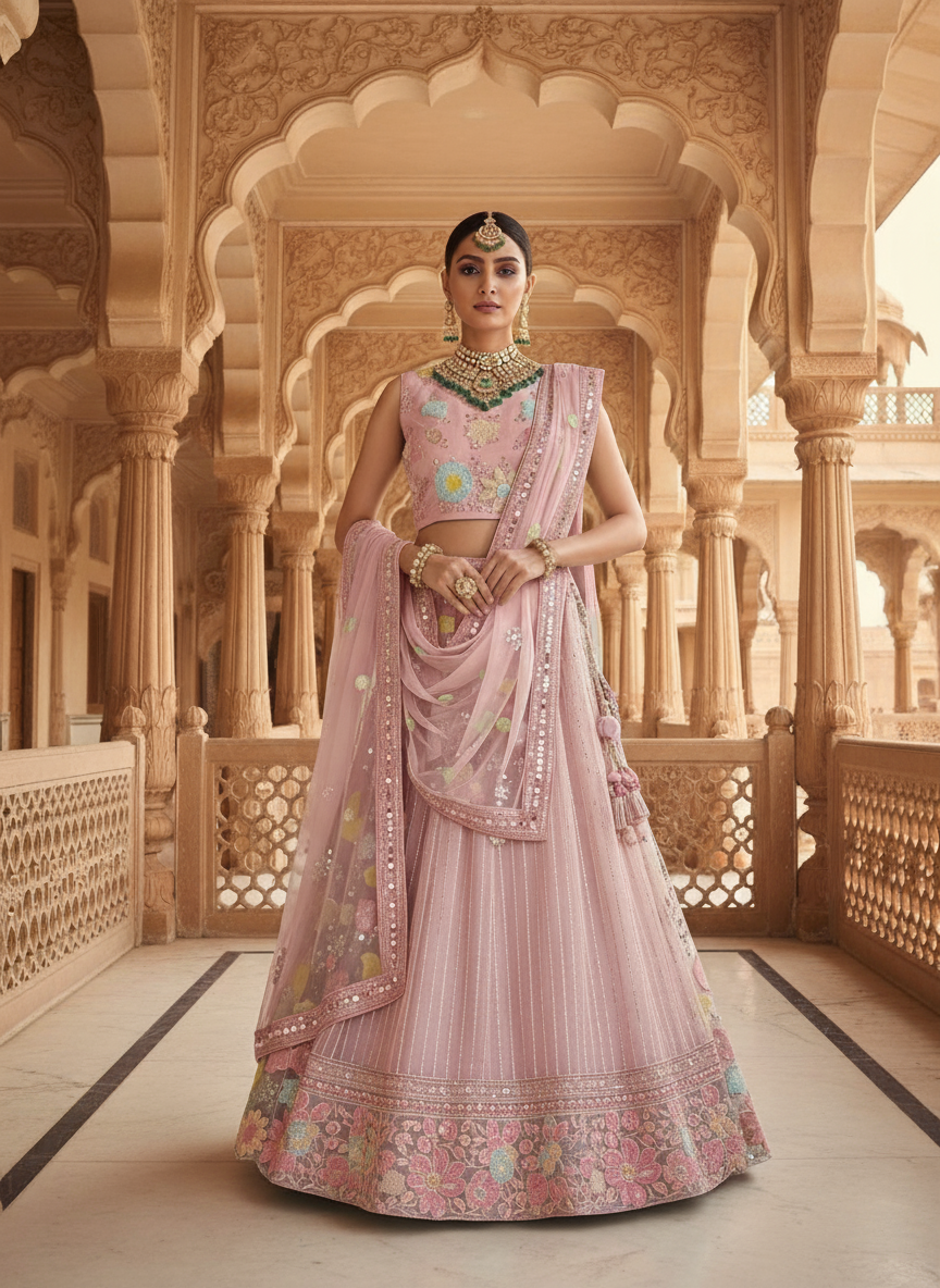 Pink Net Lehenga Choli | Thread & Sequence Work Couture Ensemble