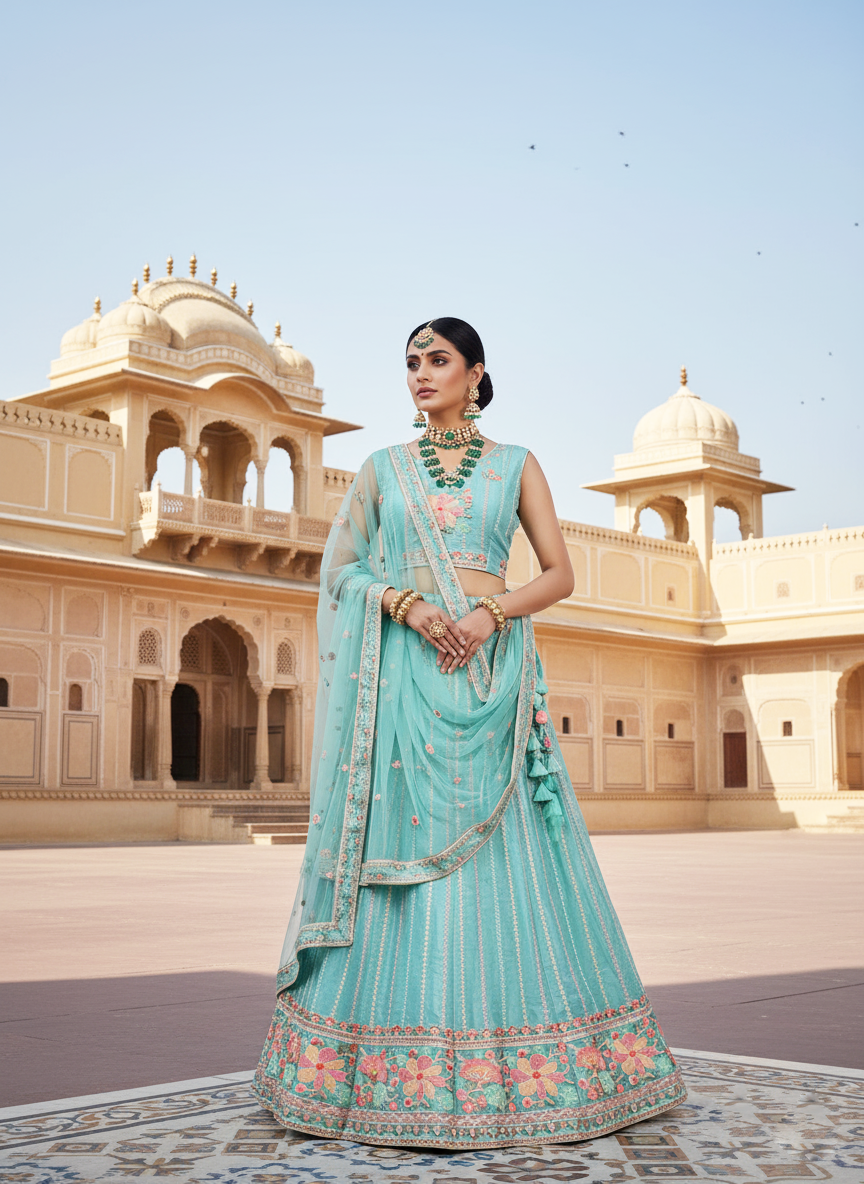 Firoji Net Lehenga Choli | Thread & Sequence Work Couture Ensemble