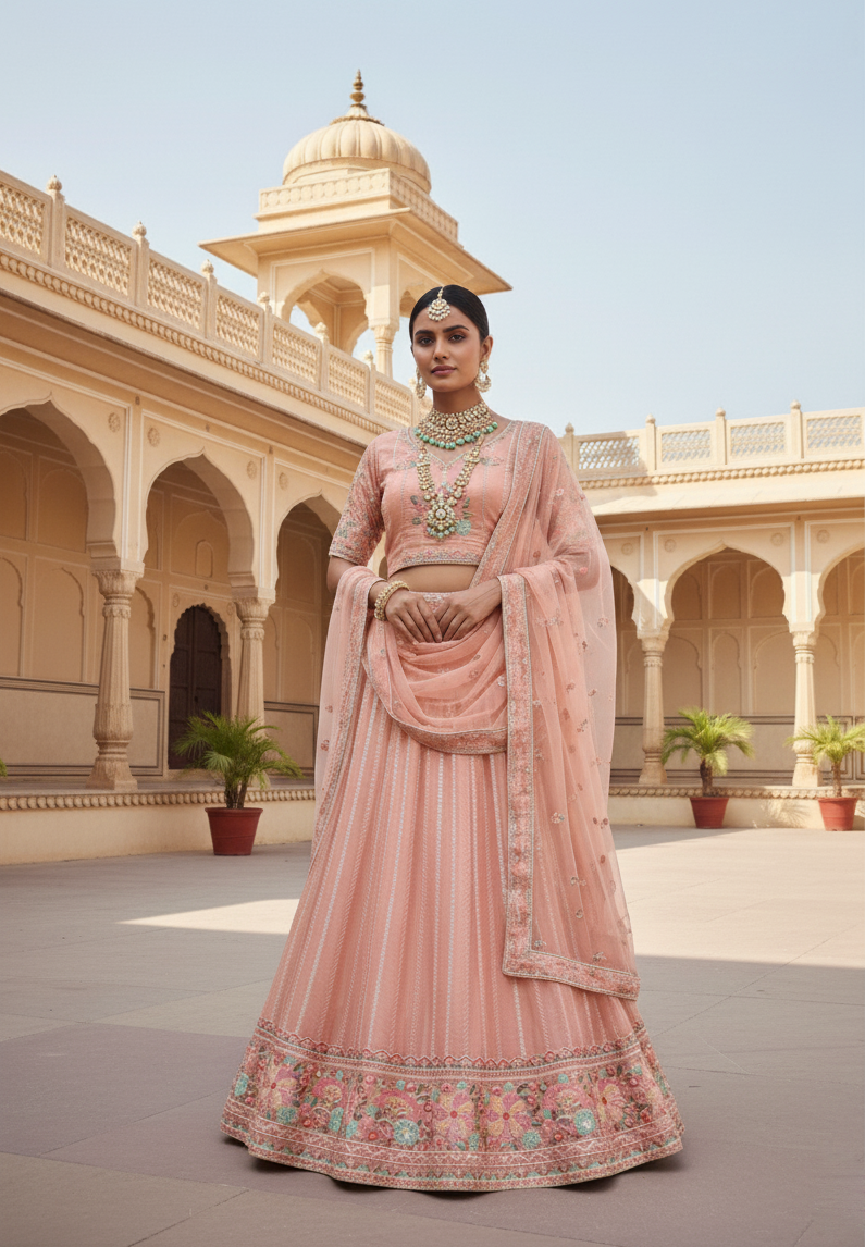 Peach Net Lehenga Choli | Thread & Sequence Work Couture Ensemble
