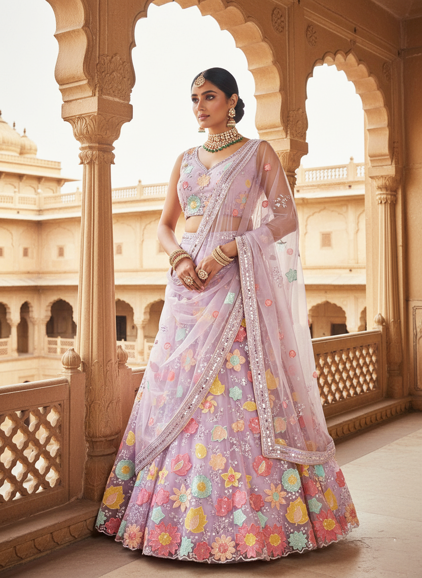 Violet Net Lehenga Choli | Thread & Sequence Work Couture Ensemble