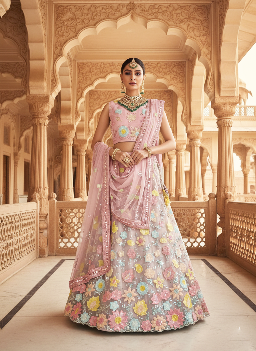 Peach Net Lehenga Choli | Thread & Sequence Work Couture Ensemble