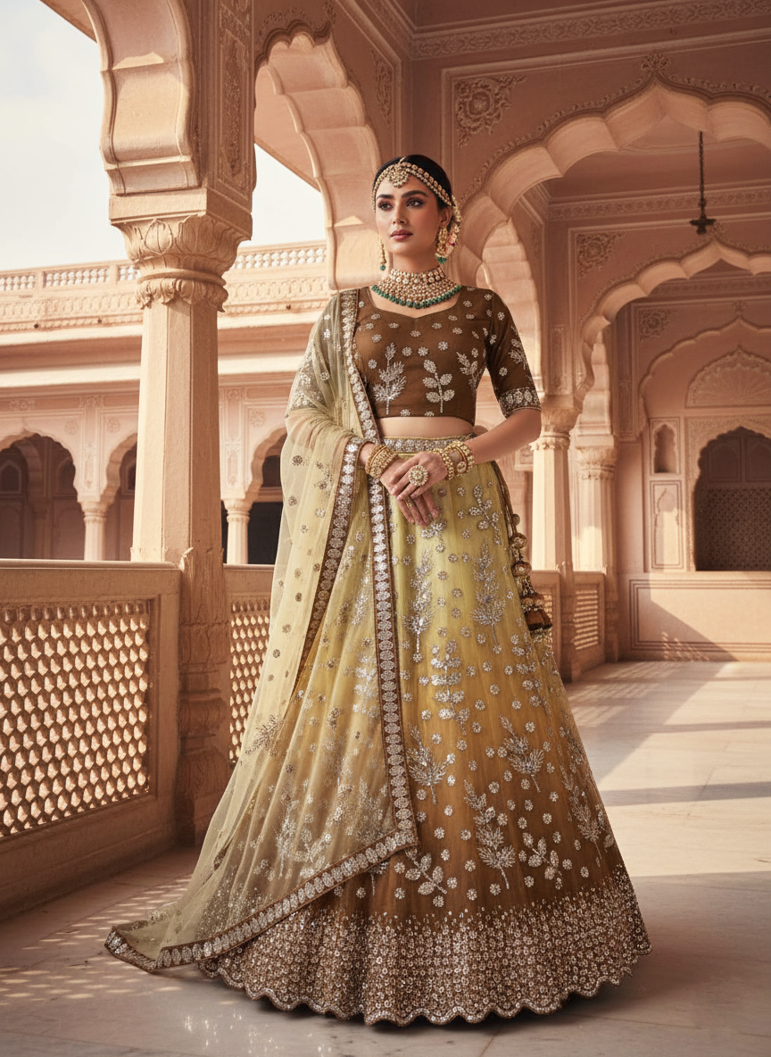 Mustard Net Lehenga Choli | Thread & Sequence Work Couture Ensemble