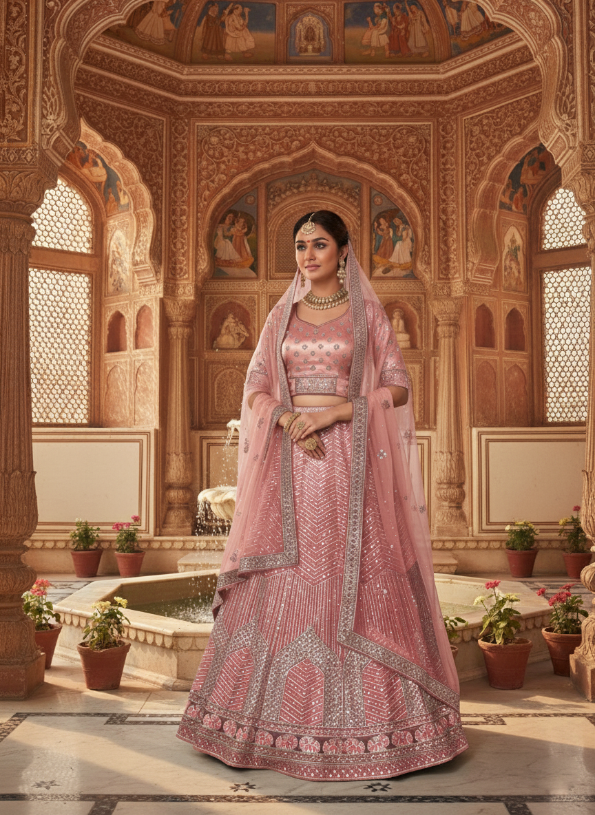 Maroon Net Lehenga Choli | Zari, Thread & Sequence Work Couture Ensemble