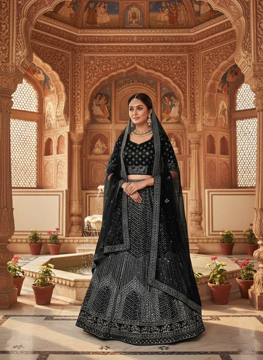 Black Net Lehenga Choli | Zari, Thread & Sequence Work Couture Ensemble