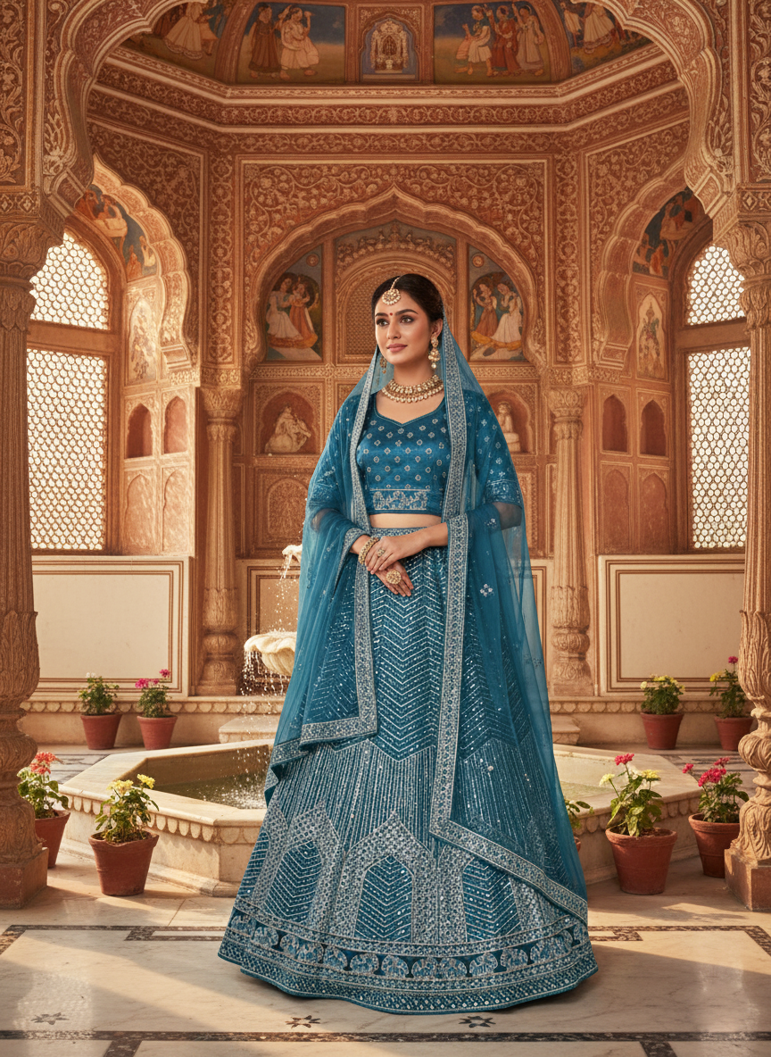 Teal Blue Net Lehenga Choli | Zari, Thread & Sequence Work Couture Ensemble