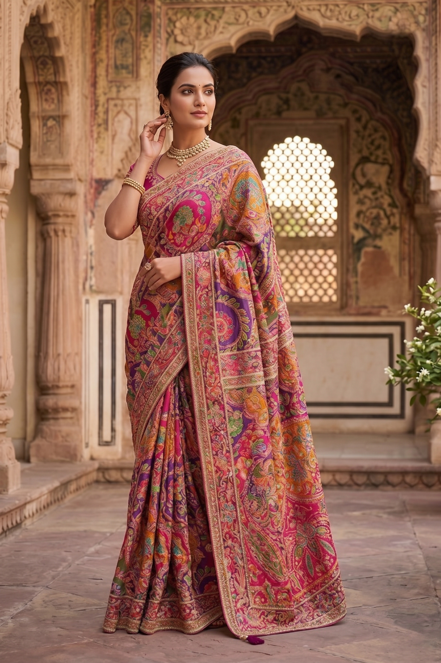 Magenta Natural Crepe Saree | Aaari Handwork with Position Work – Traditional Wear