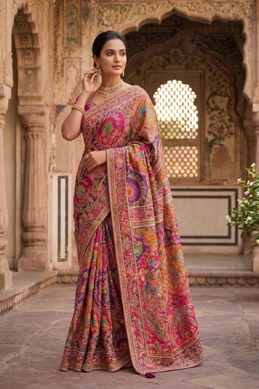 Magenta Natural Crepe Saree | Aaari Handwork with Position Work – Traditional Wear
