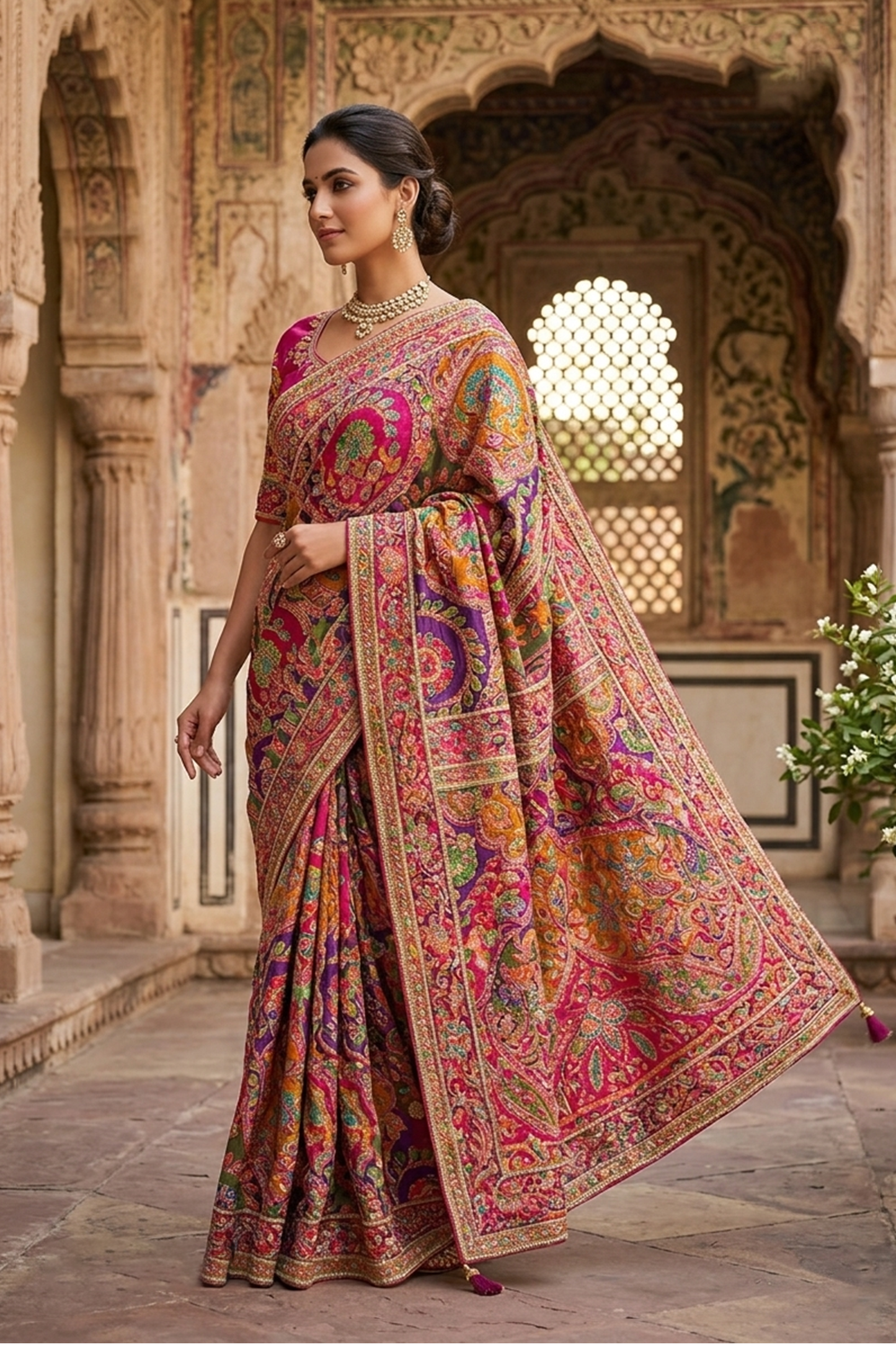 : Rust Pure Model Satin Saree | Pure Aaari Handwork with Position Work – Stitched Blouse