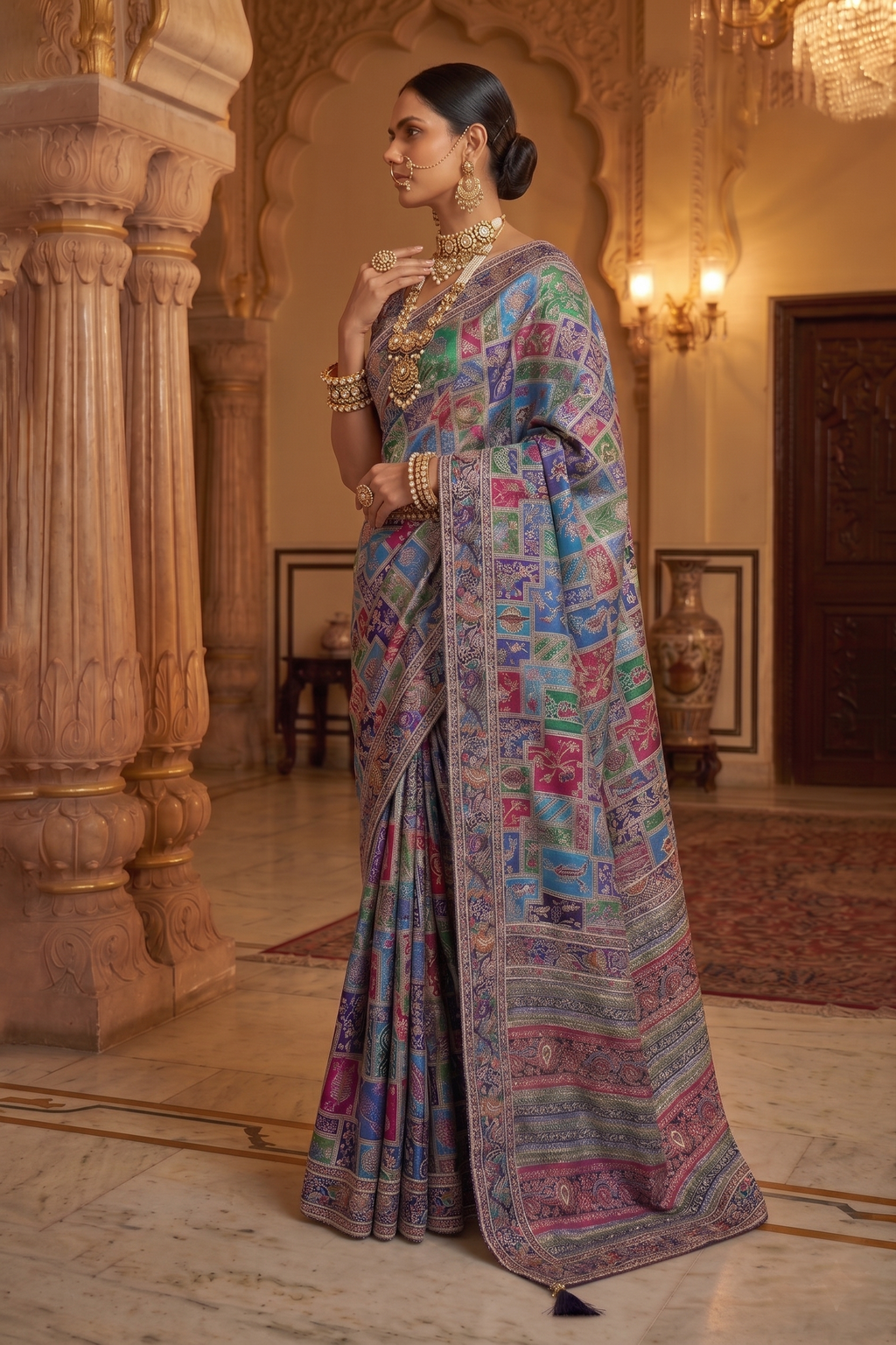 Blue Pure Crepe Silk Aaari Work Traditional Wear Saree