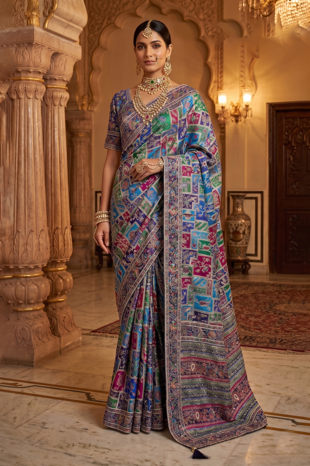 Blue Pure Crepe Silk Aaari Work Traditional Wear Saree