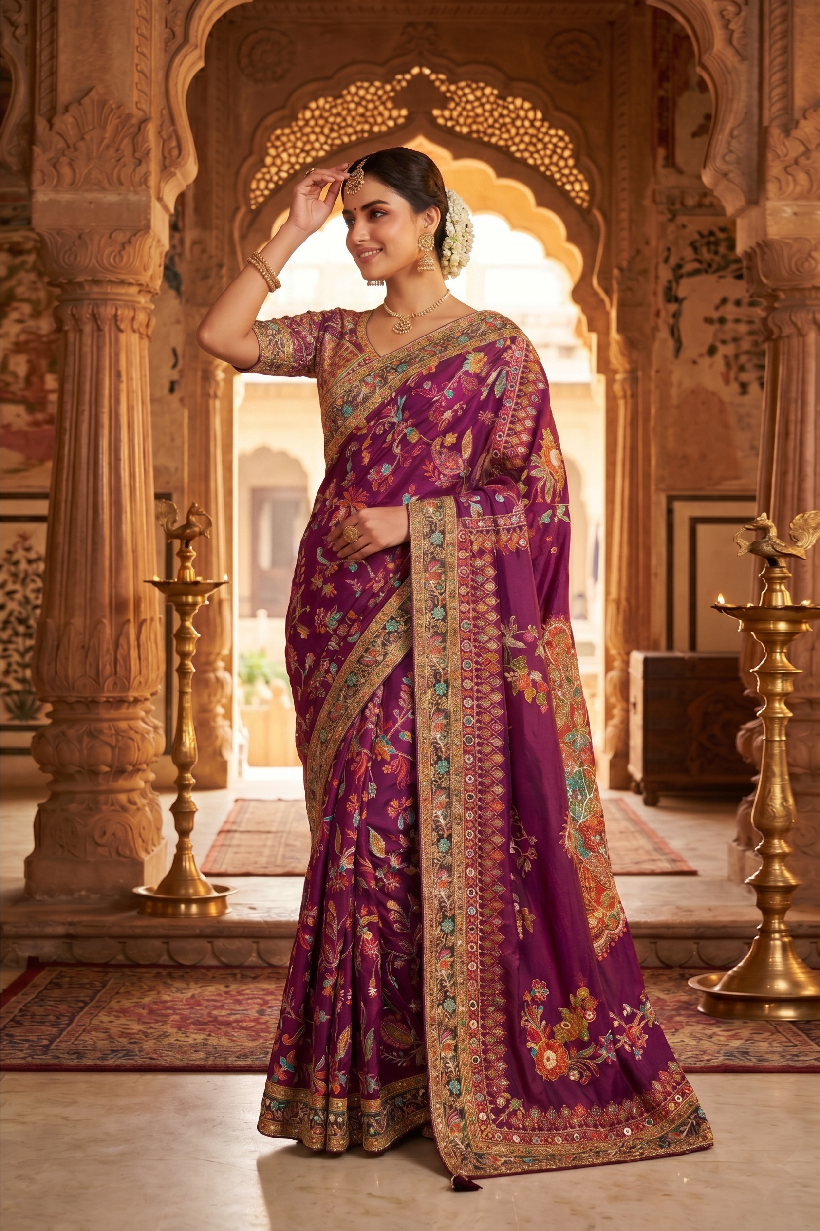 Wine Pure Crepe Silk Aaari Work Traditional Wear Saree