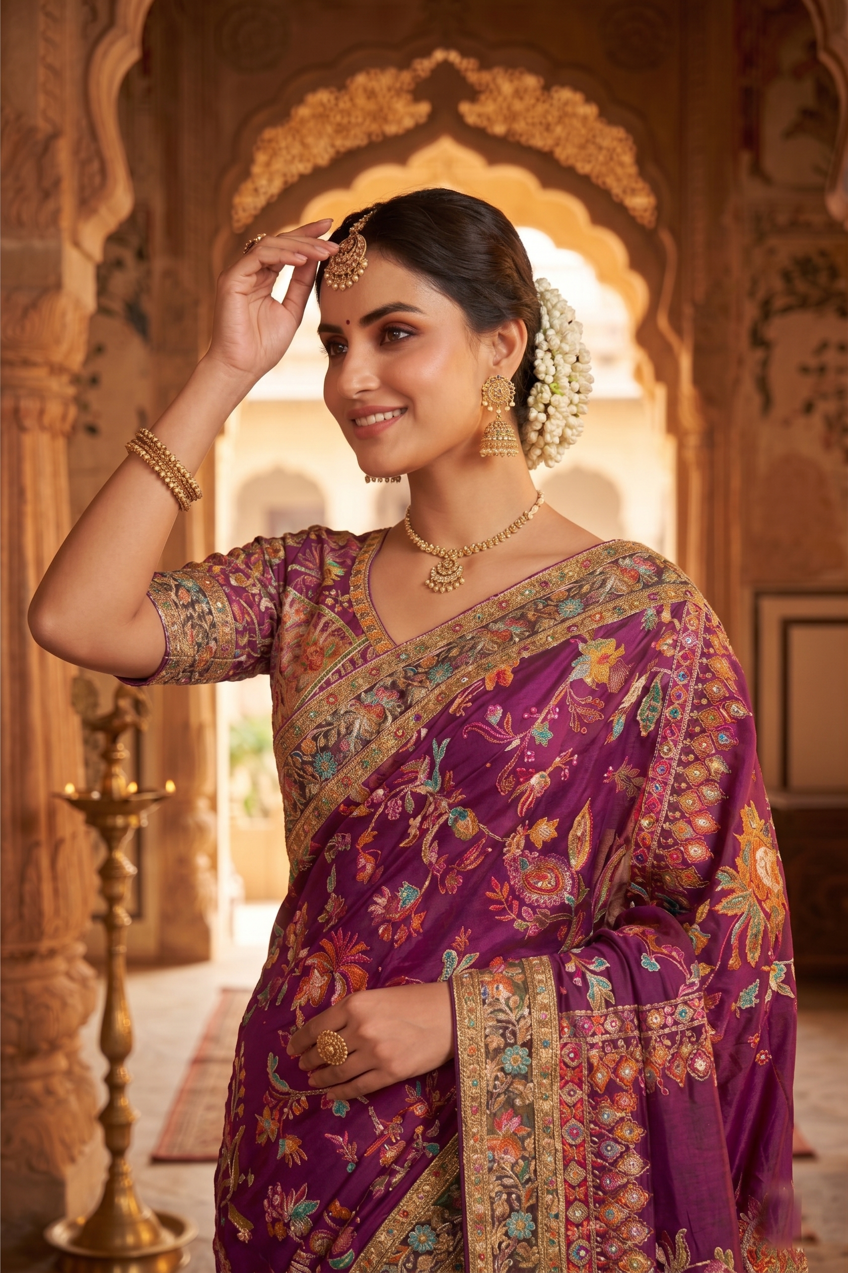 Wine Pure Crepe Silk Aaari Work Traditional Wear Saree