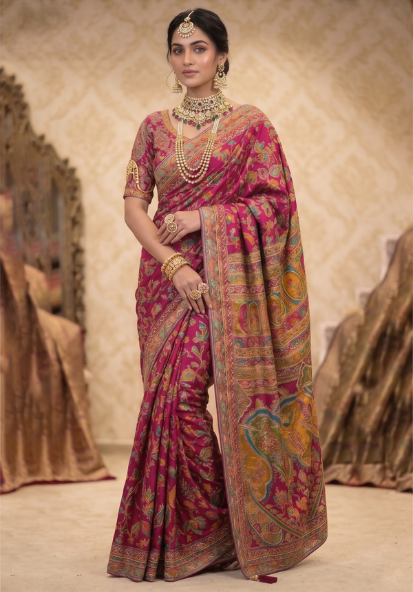 Magenta Pure Crepe Silk Aaari Work Traditional Wear Saree