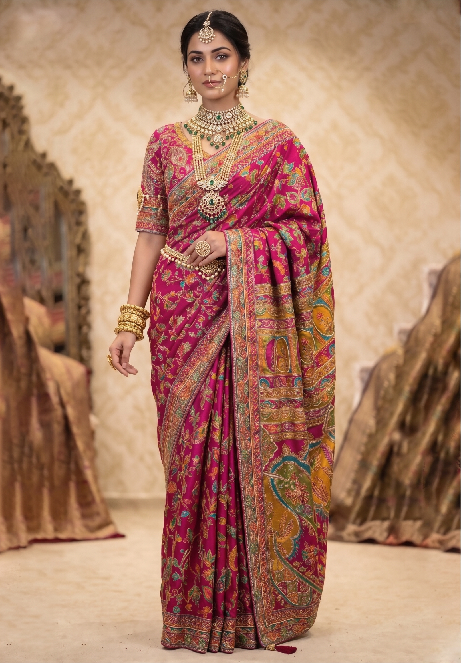 Magenta Pure Crepe Silk Aaari Work Traditional Wear Saree