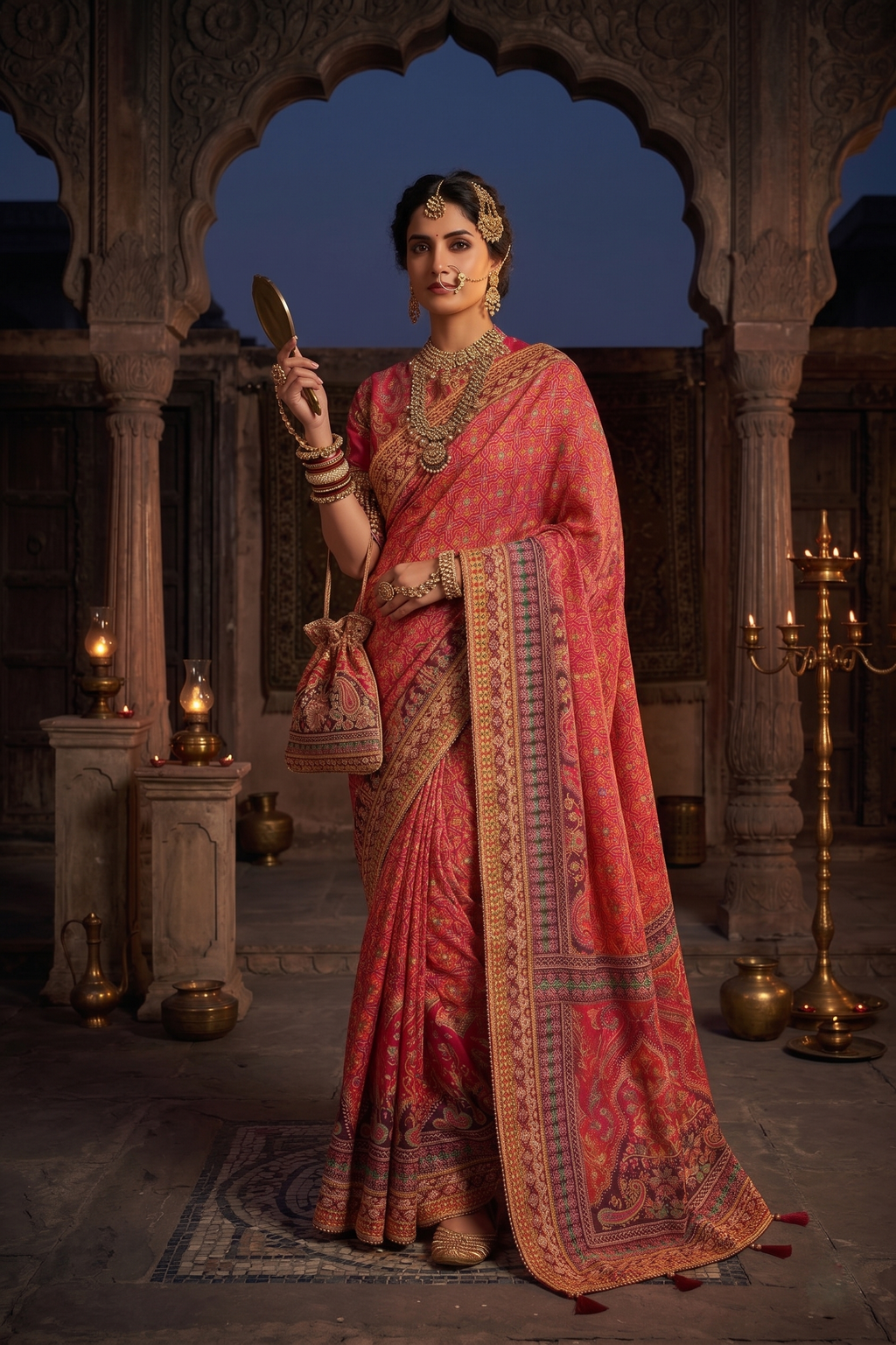 Gajari Pure Crepe Silk Saree | Aaari Work with Pure Cutdana Khatli Work Blouse