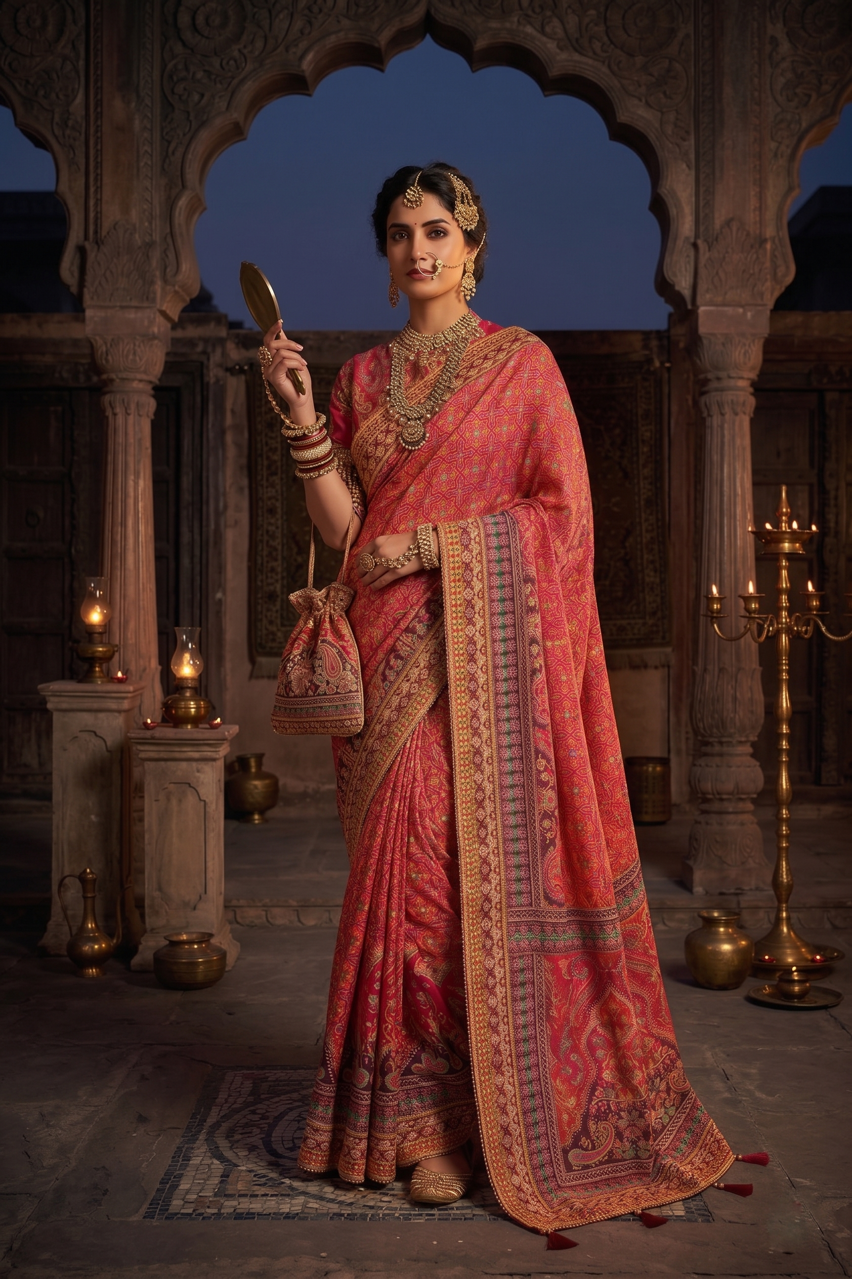 Gajari Pure Crepe Silk Saree | Aaari Work with Pure Cutdana Khatli Work Blouse