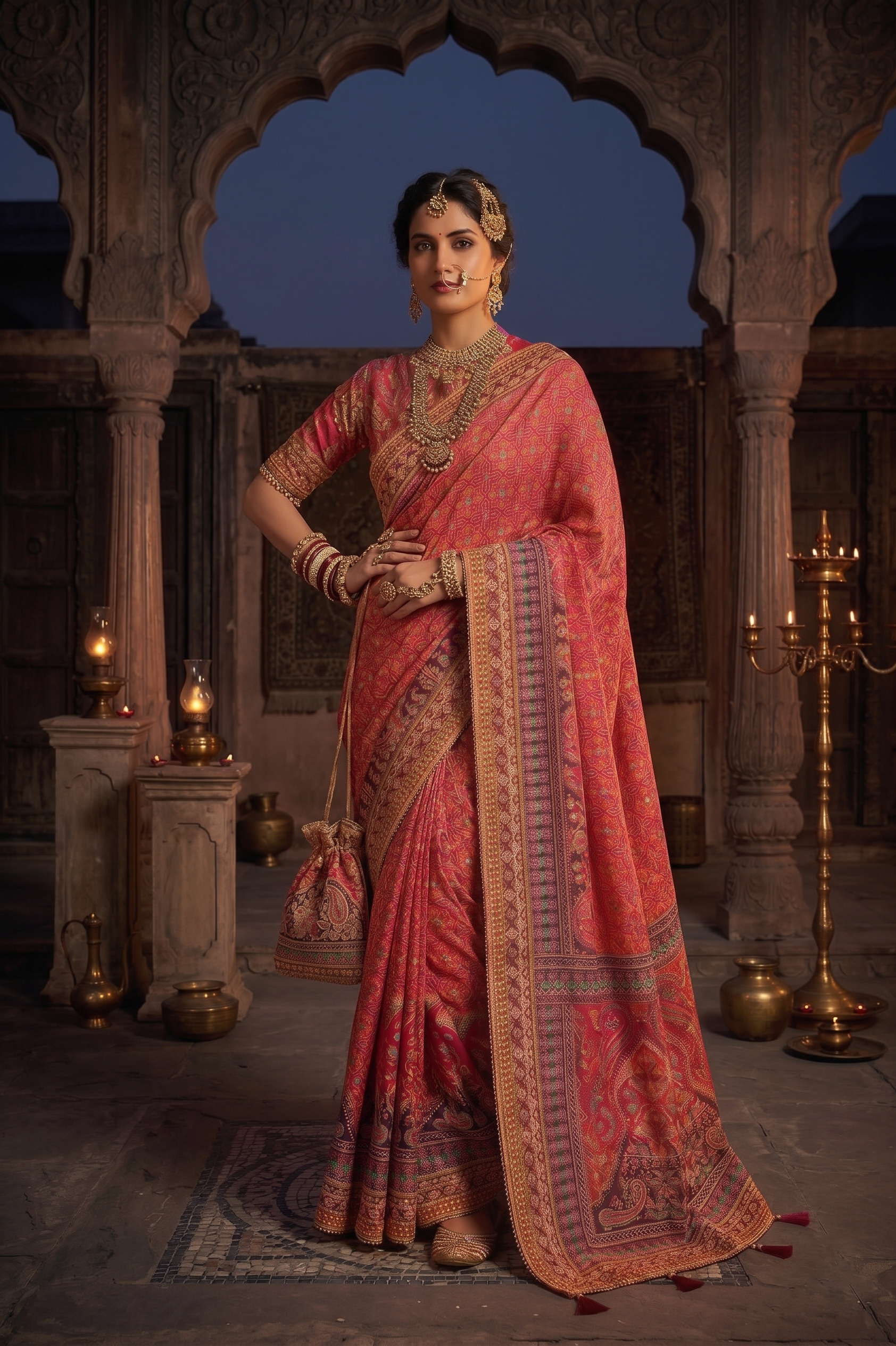 Gajari Pure Crepe Silk Saree | Aaari Work with Pure Cutdana Khatli Work Blouse