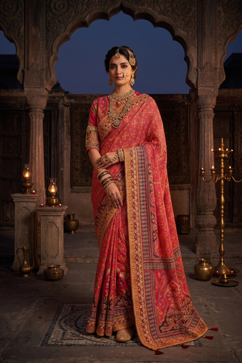 Gajari Pure Crepe Silk Saree | Aaari Work with Pure Cutdana Khatli Work Blouse