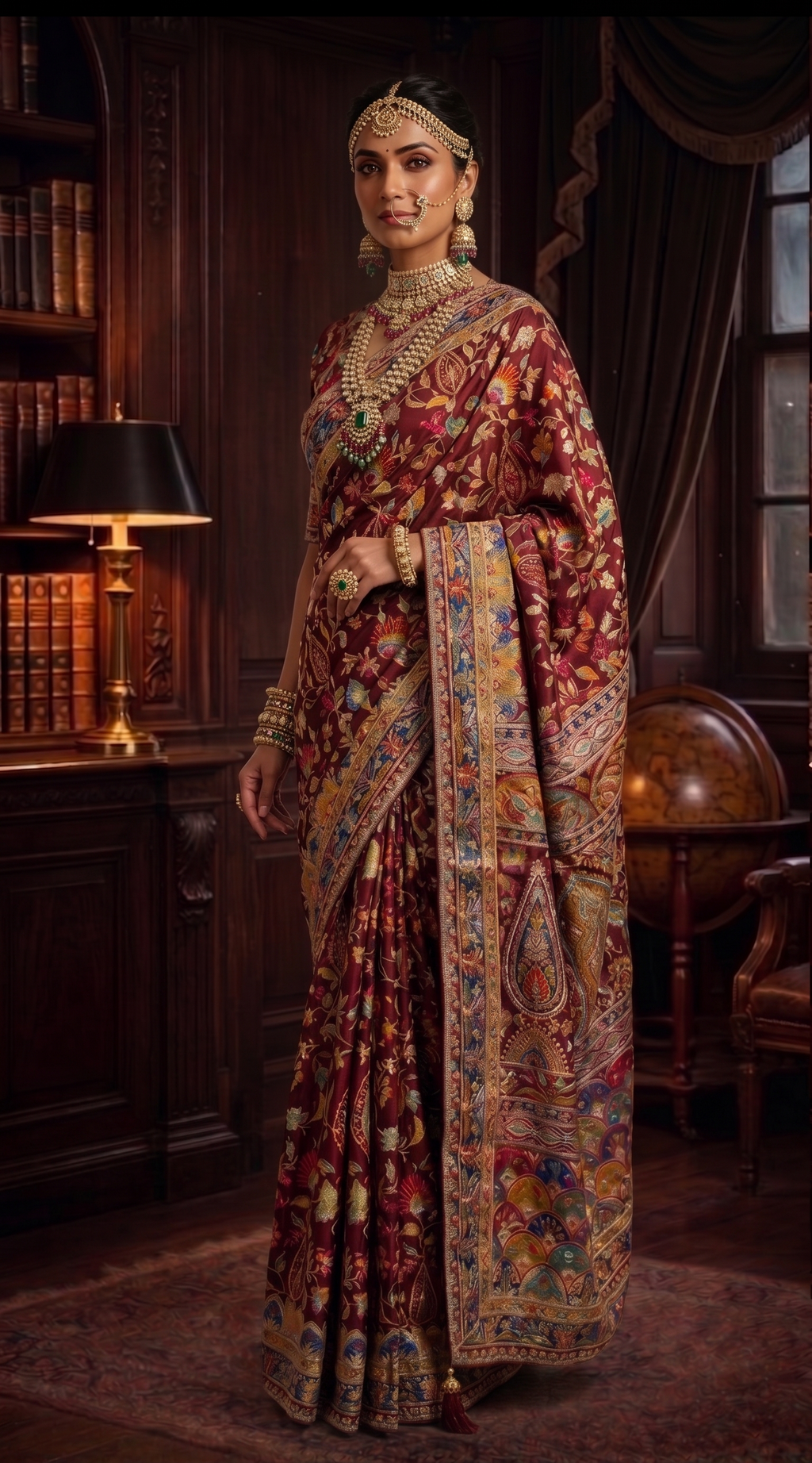 Wine Pure Crepe Silk Saree | Aaari Work with Pure Cutdana Khatli Work Blouse