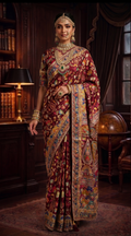 Wine Pure Crepe Silk Saree | Aaari Work with Pure Cutdana Khatli Work Blouse