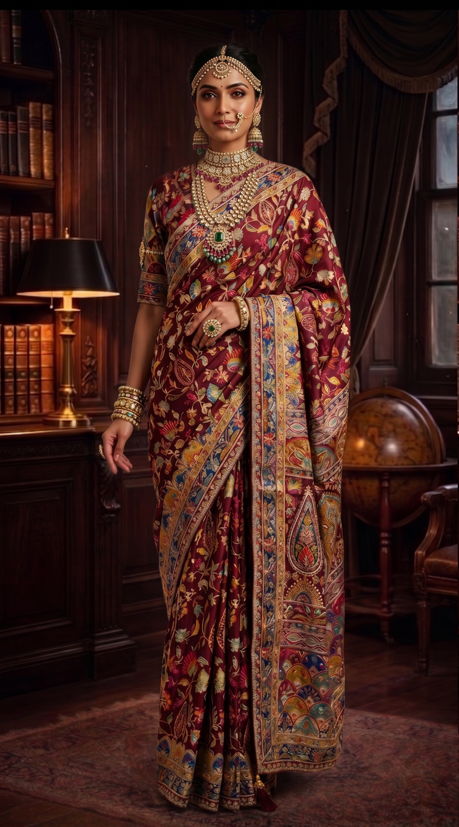 Wine Pure Crepe Silk Saree | Aaari Work with Pure Cutdana Khatli Work Blouse