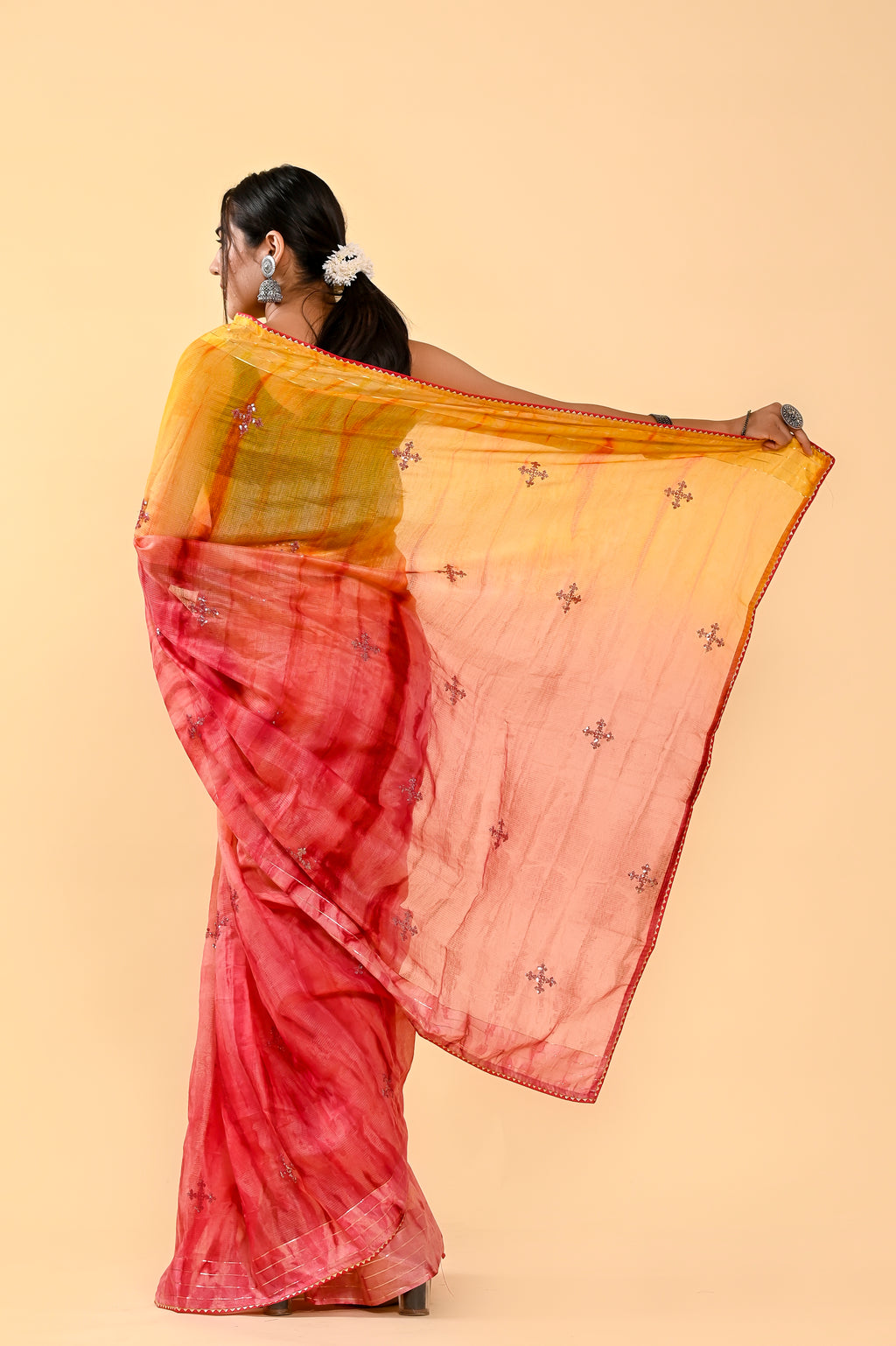Sunset Glow Cotton Saree | Sequin Embroidered & Patch Border Elegance