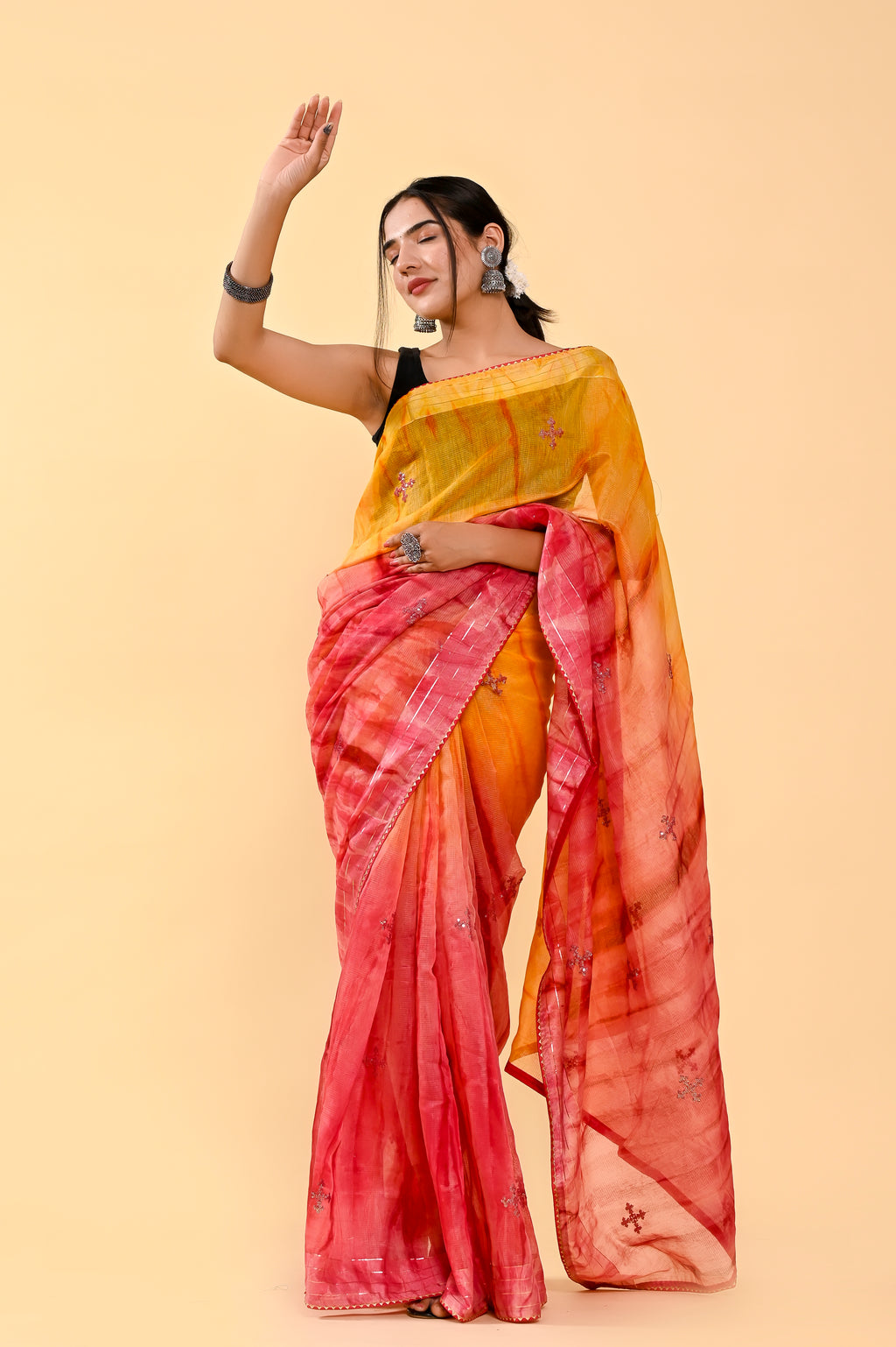 Sunset Glow Cotton Saree | Sequin Embroidered & Patch Border Elegance