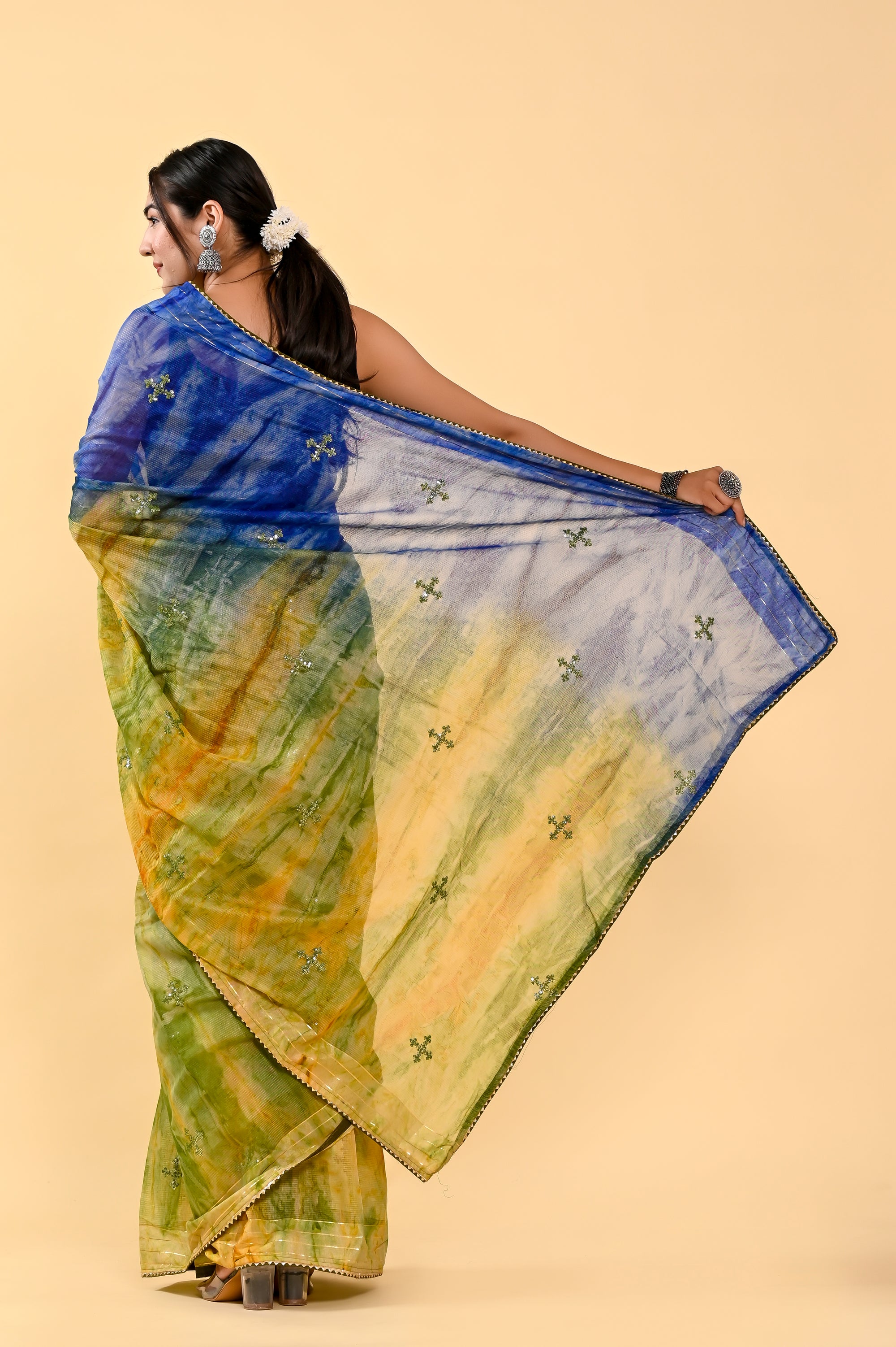 Ocean Mist Cotton Saree | Sequin Embroidered & Patch Border Serenity