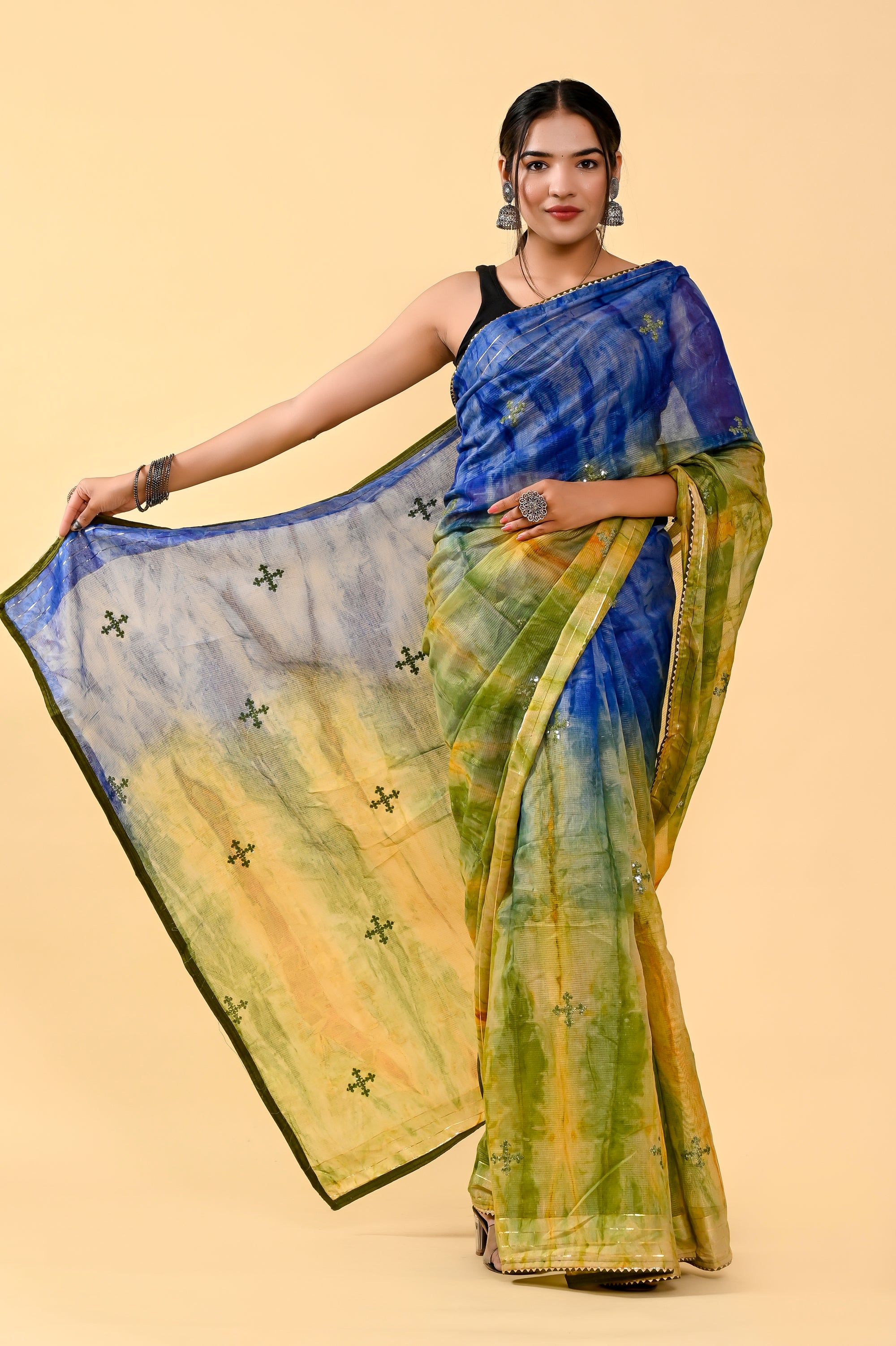 Ocean Mist Cotton Saree | Sequin Embroidered & Patch Border Serenity