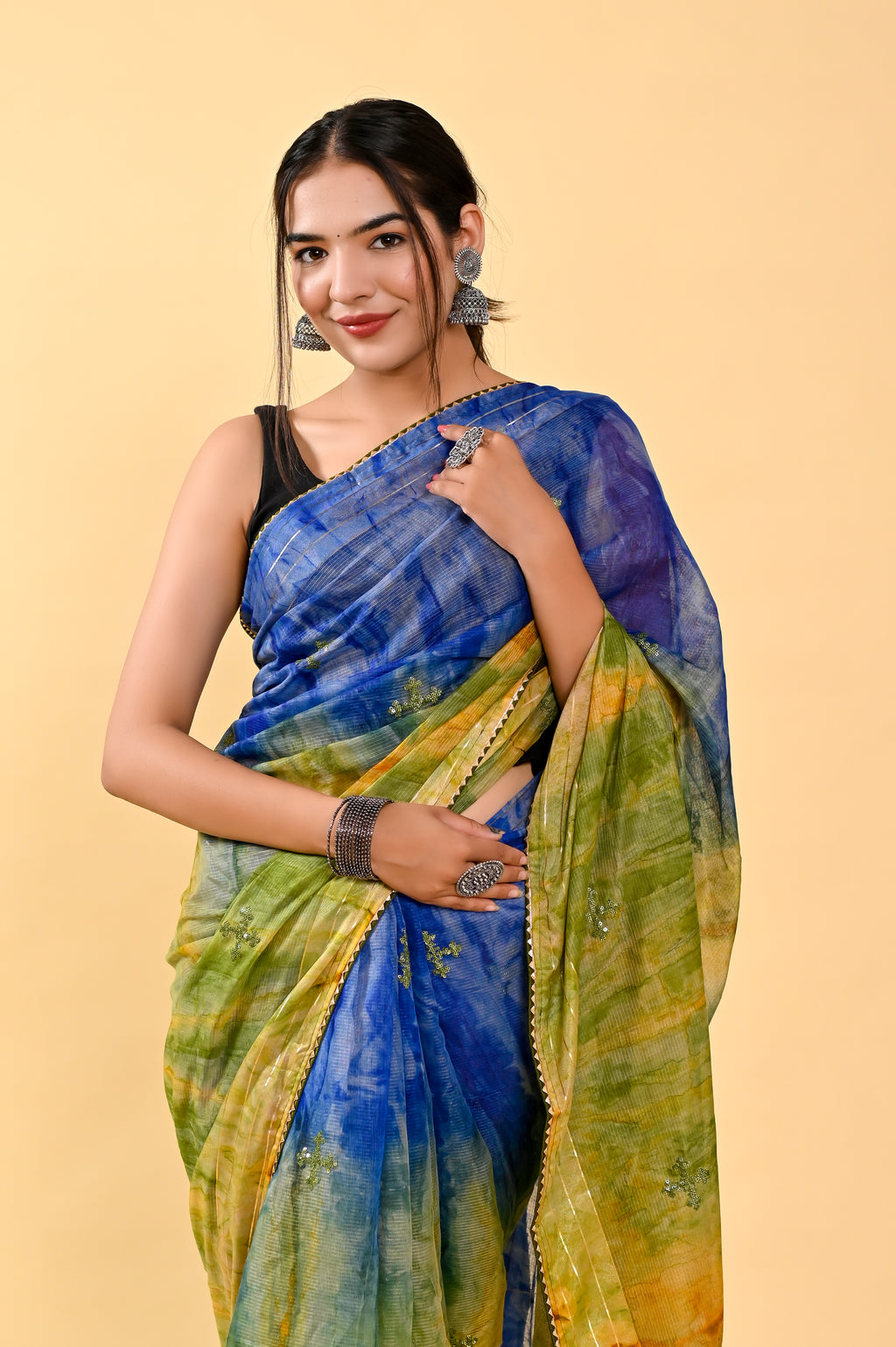 Ocean Mist Cotton Saree | Sequin Embroidered & Patch Border Serenity