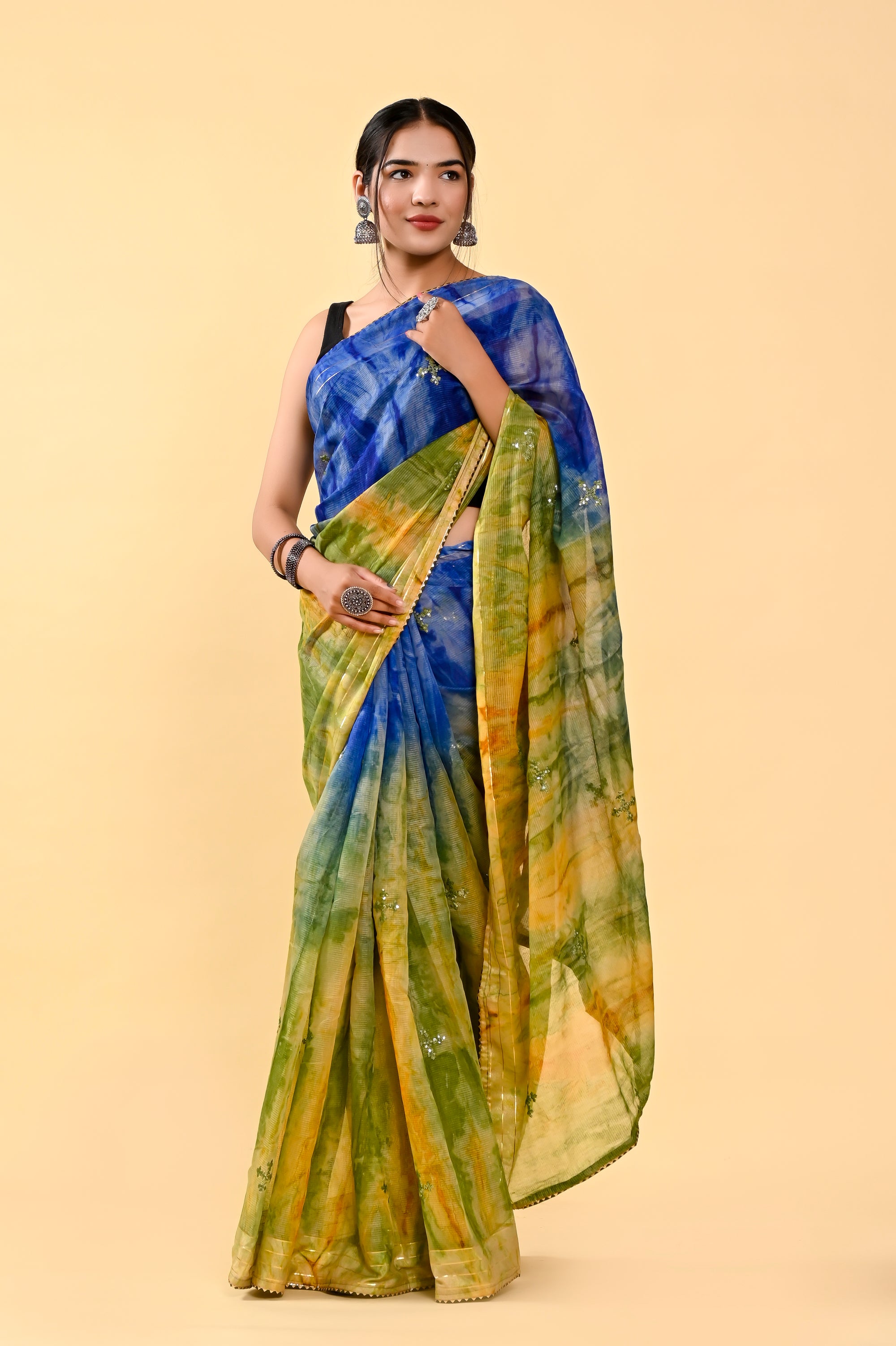 Ocean Mist Cotton Saree | Sequin Embroidered & Patch Border Serenity