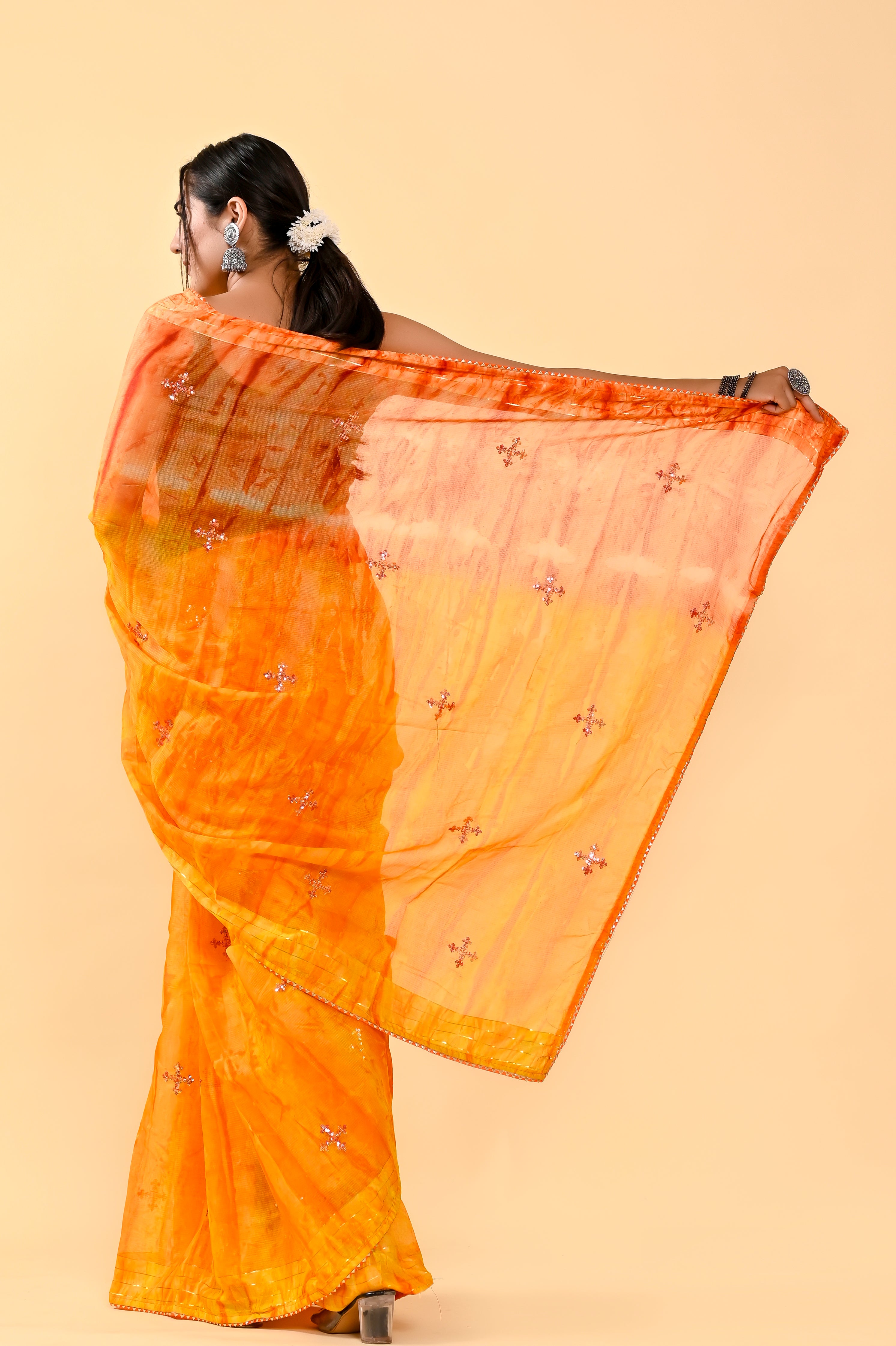 Autumn Harvest Cotton Saree | Sequin Embroidered & Patch Border Radiance