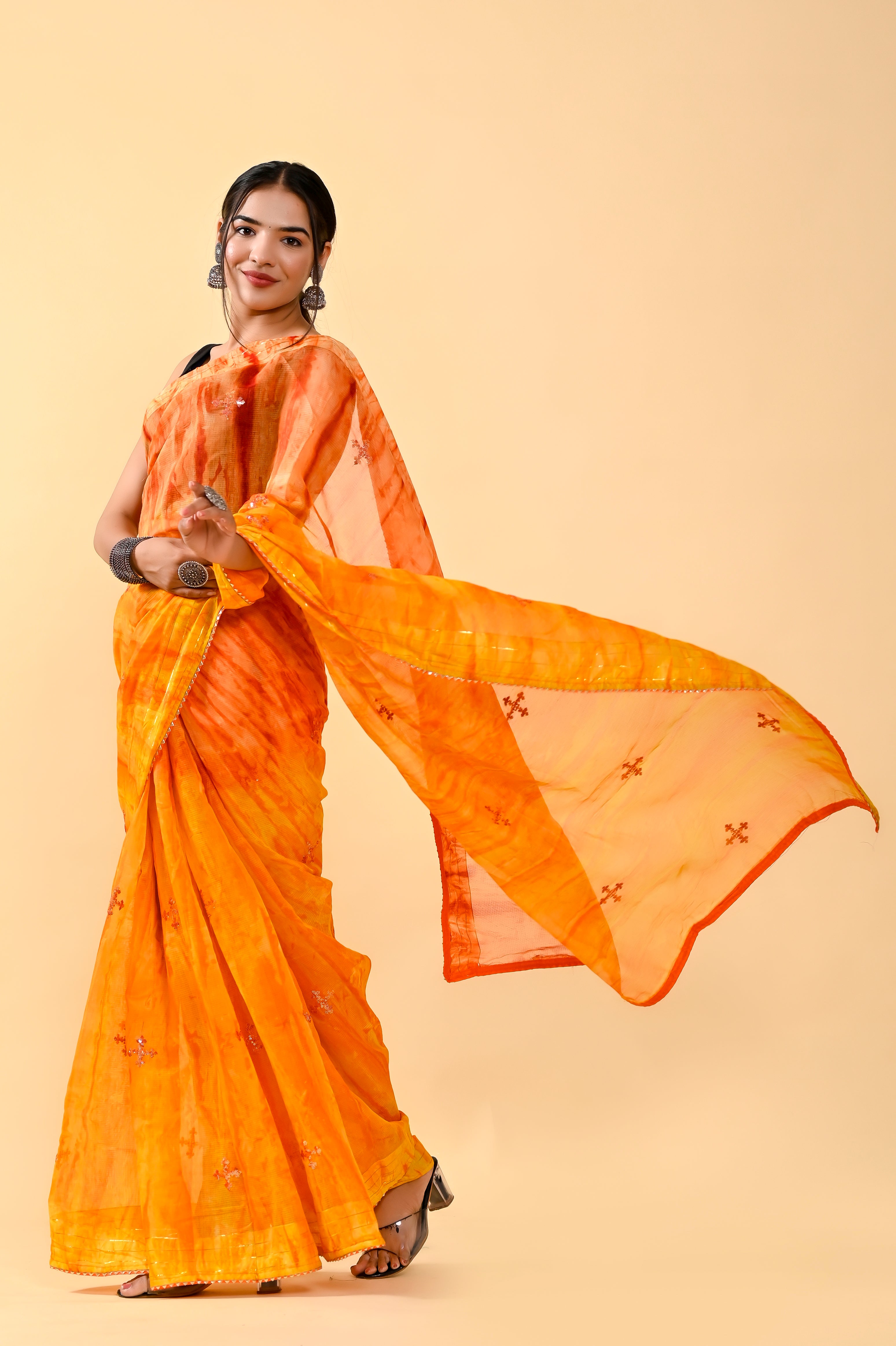 Autumn Harvest Cotton Saree | Sequin Embroidered & Patch Border Radiance