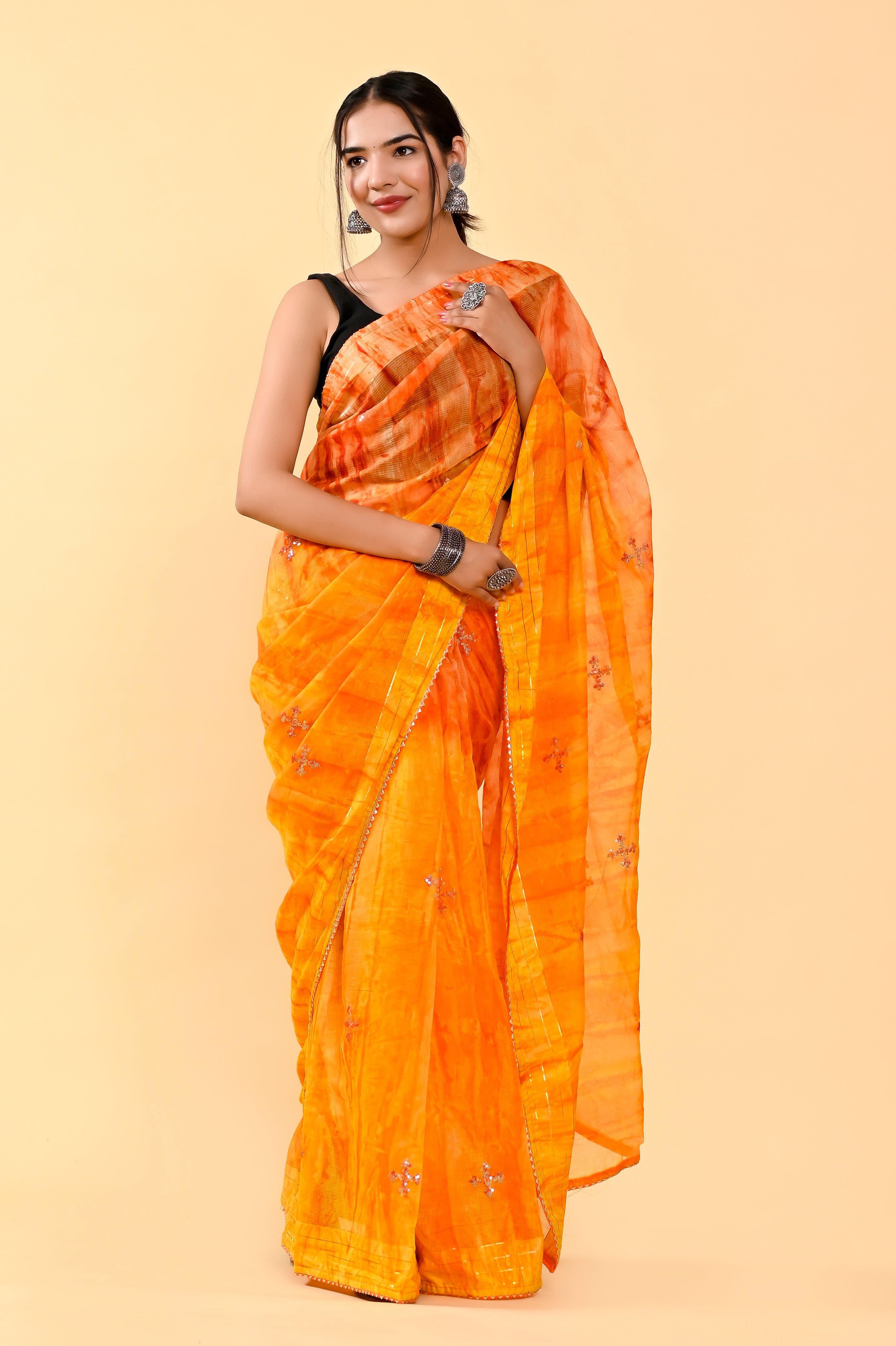 Autumn Harvest Cotton Saree | Sequin Embroidered & Patch Border Radiance