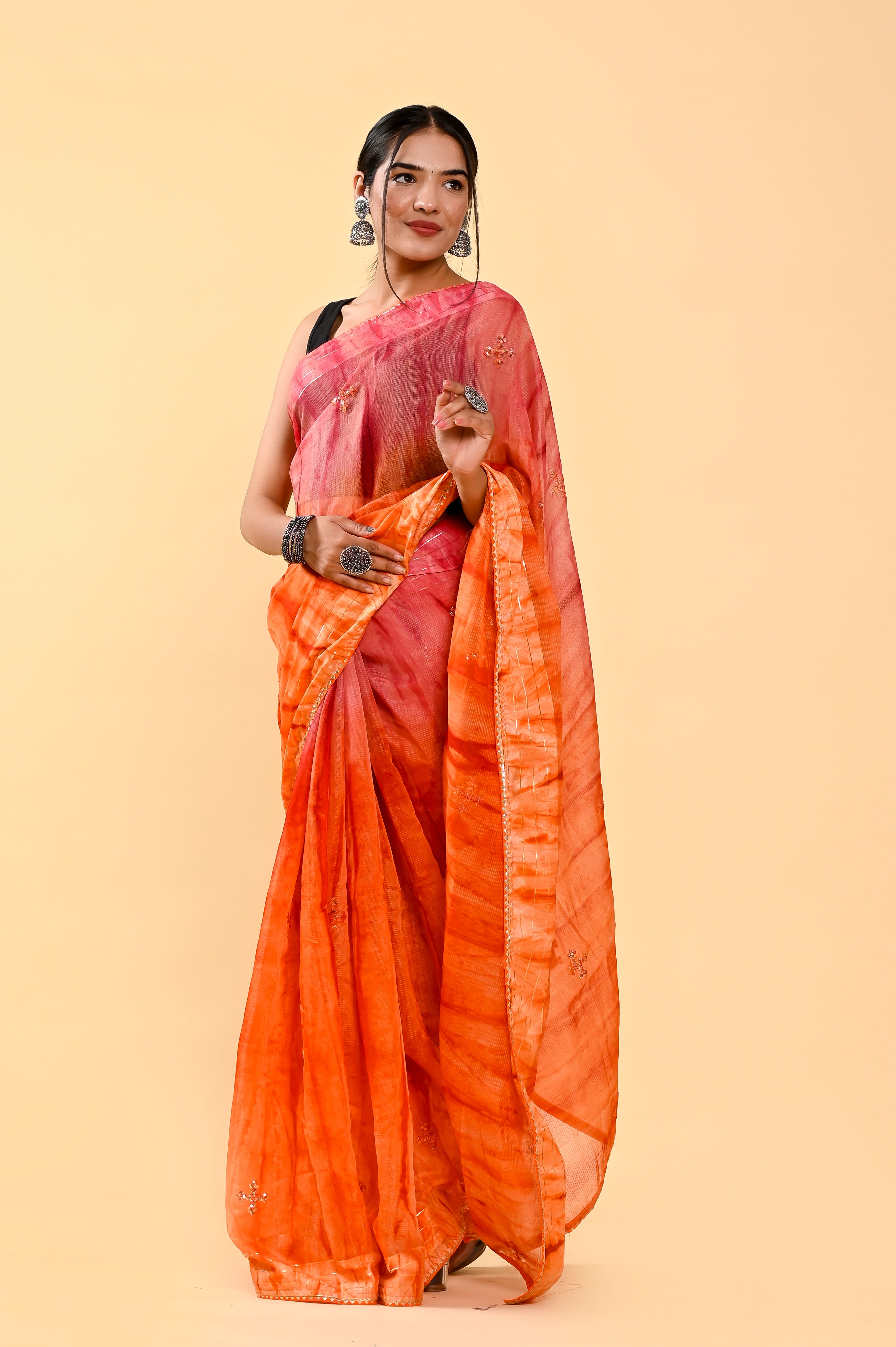 Coral Breeze Cotton Saree | Sequin Embroidered & Patch Border Delight