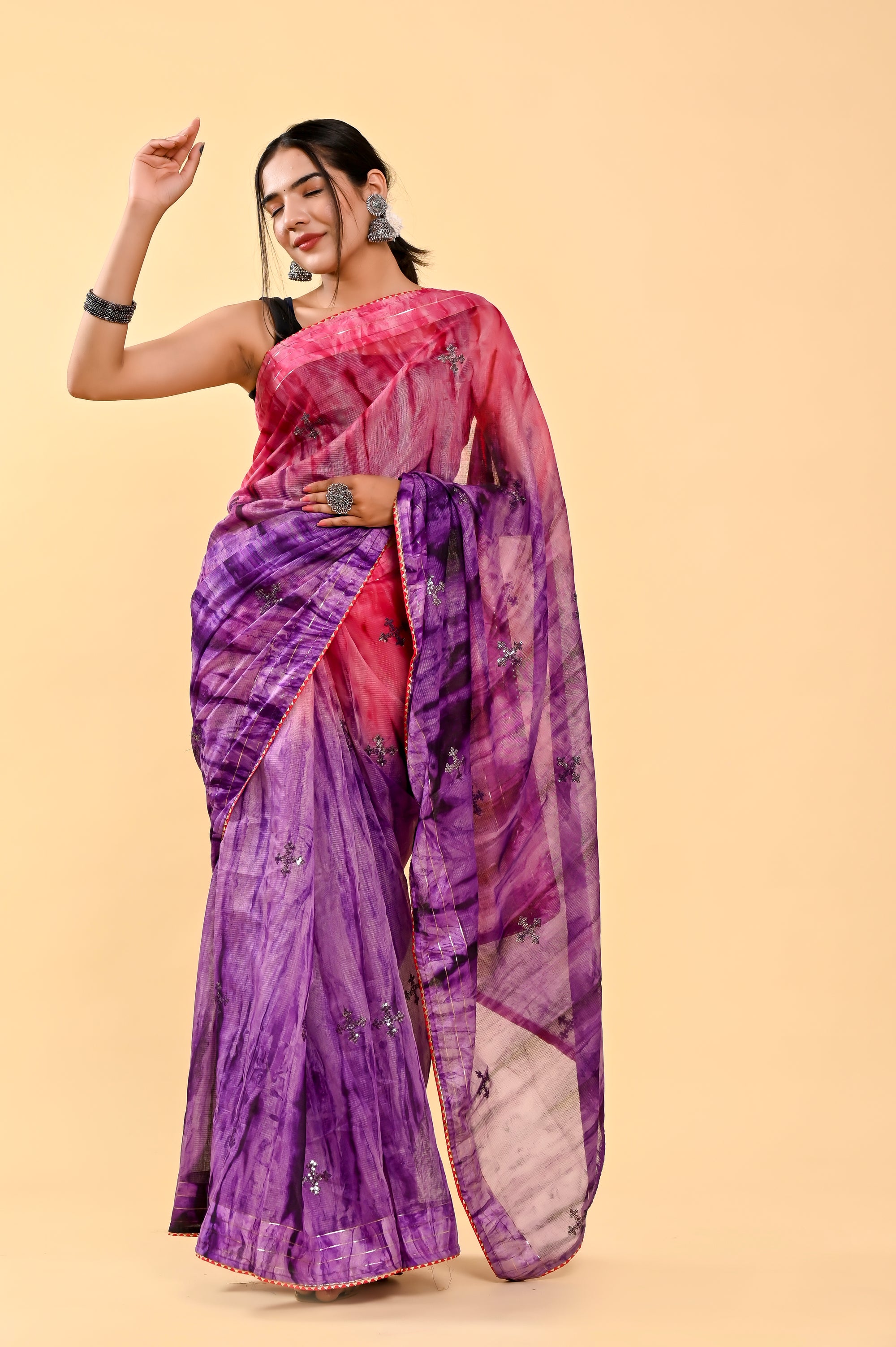 Rose Wine Cotton Saree | Sequin Embroidered & Patch Border Romance