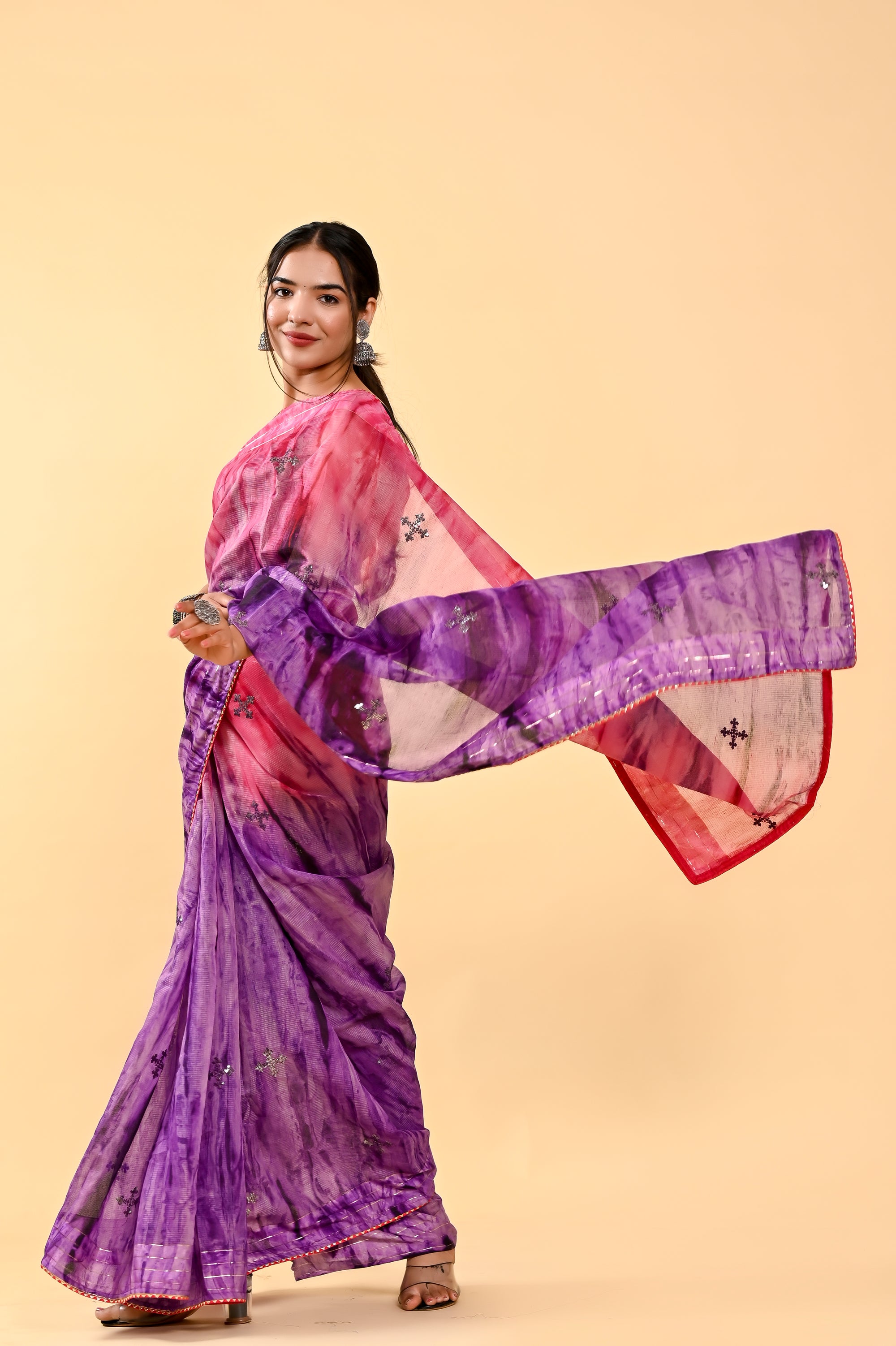 Rose Wine Cotton Saree | Sequin Embroidered & Patch Border Romance
