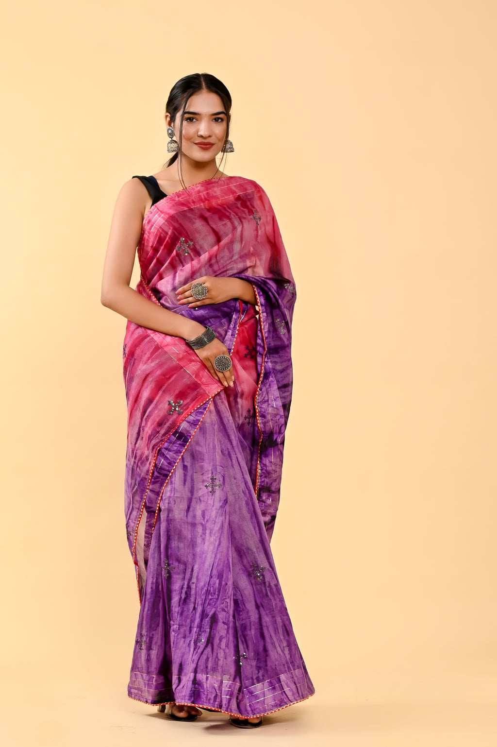 Rose Wine Cotton Saree | Sequin Embroidered & Patch Border Romance