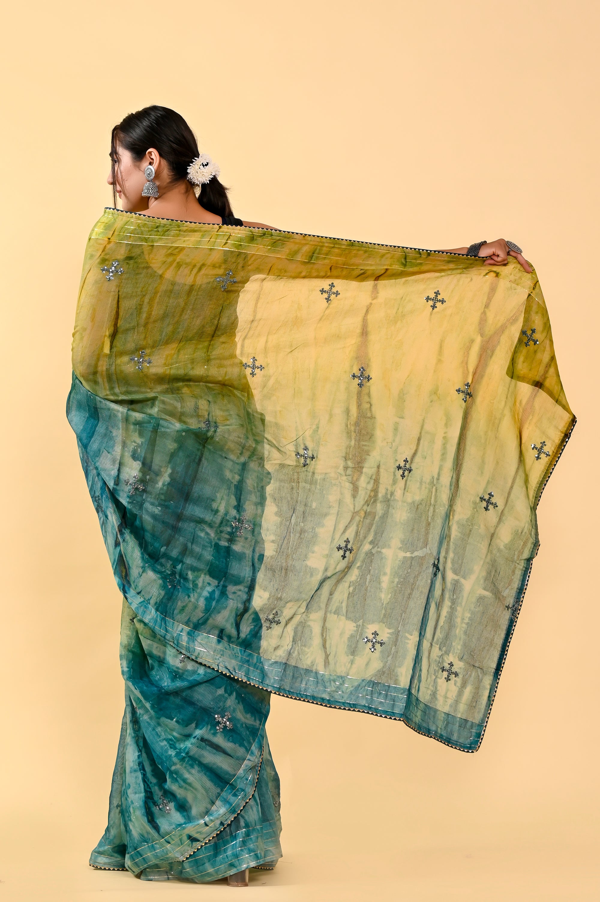 Forest Whisper Cotton Saree | Sequin Embroidered & Patch Border Serenity