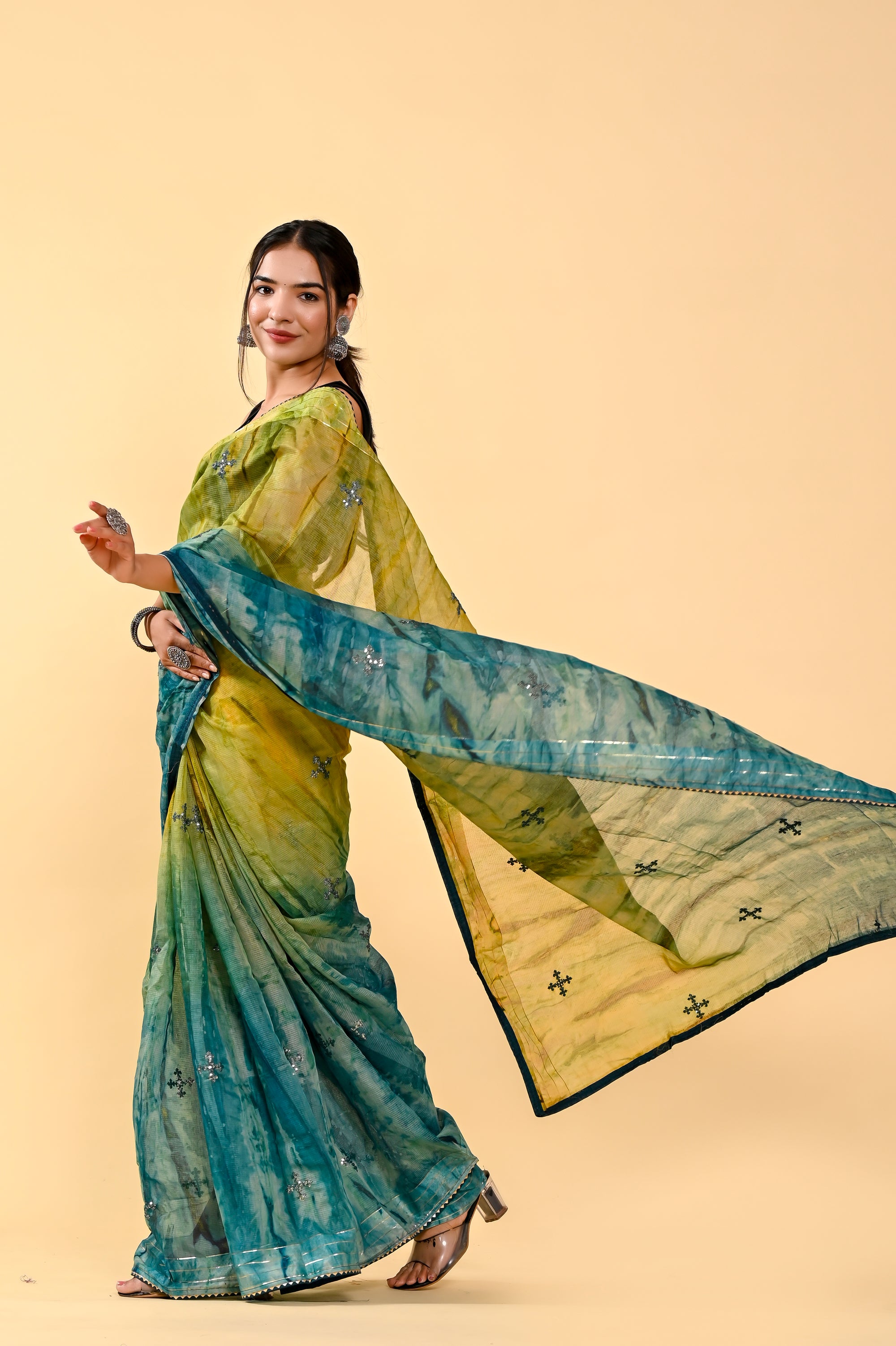 Forest Whisper Cotton Saree | Sequin Embroidered & Patch Border Serenity