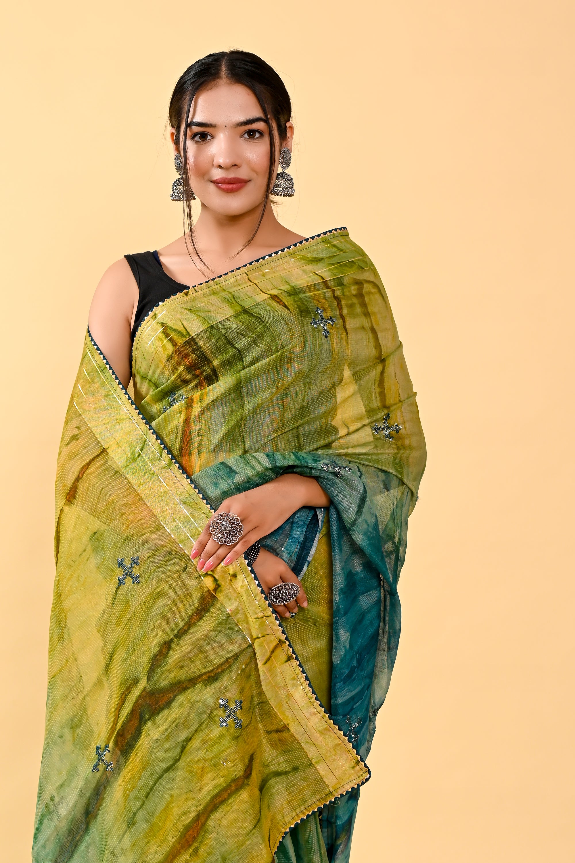 Forest Whisper Cotton Saree | Sequin Embroidered & Patch Border Serenity