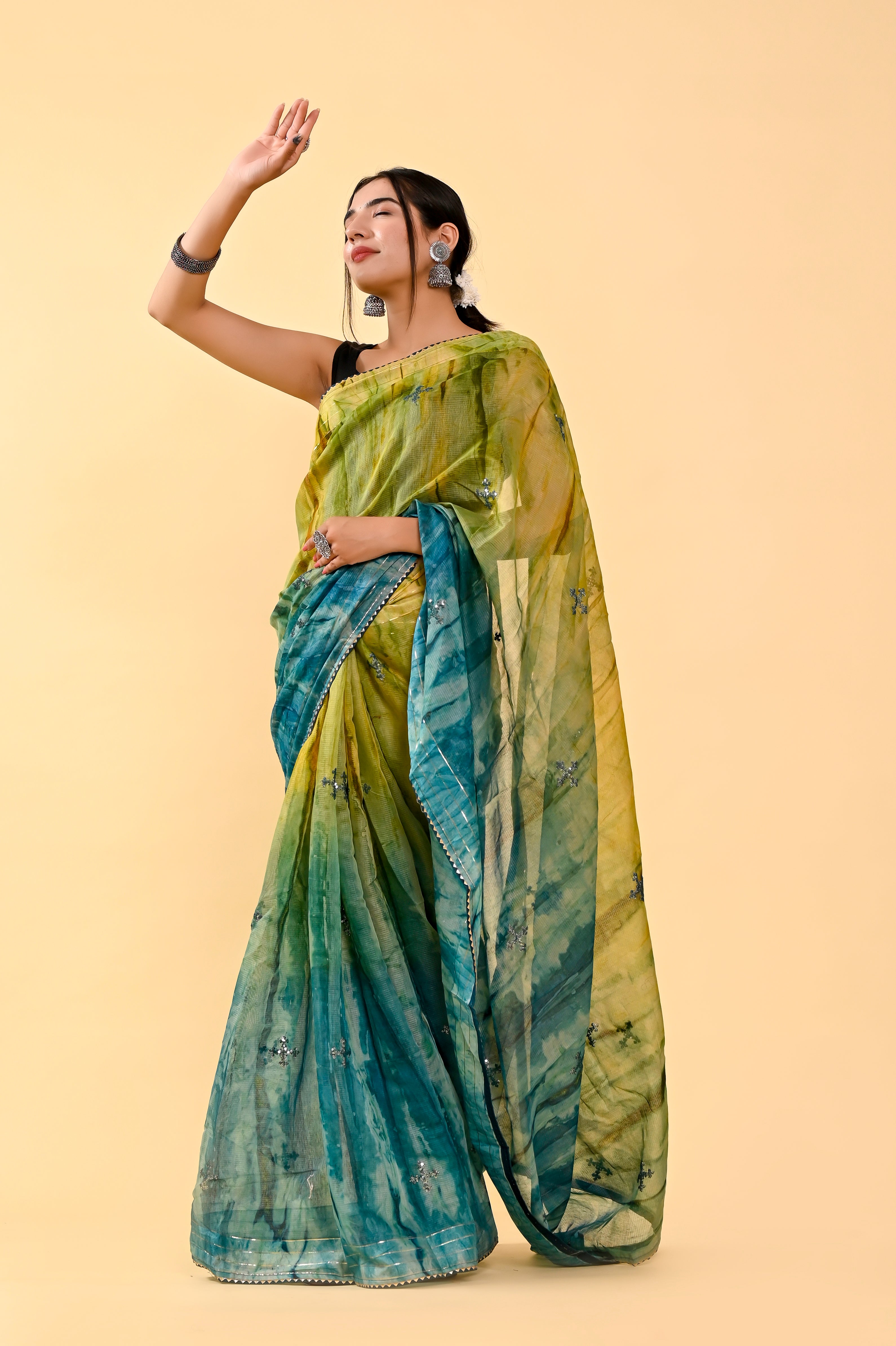 Forest Whisper Cotton Saree | Sequin Embroidered & Patch Border Serenity