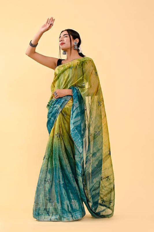 Forest Whisper Cotton Saree | Sequin Embroidered & Patch Border Serenity