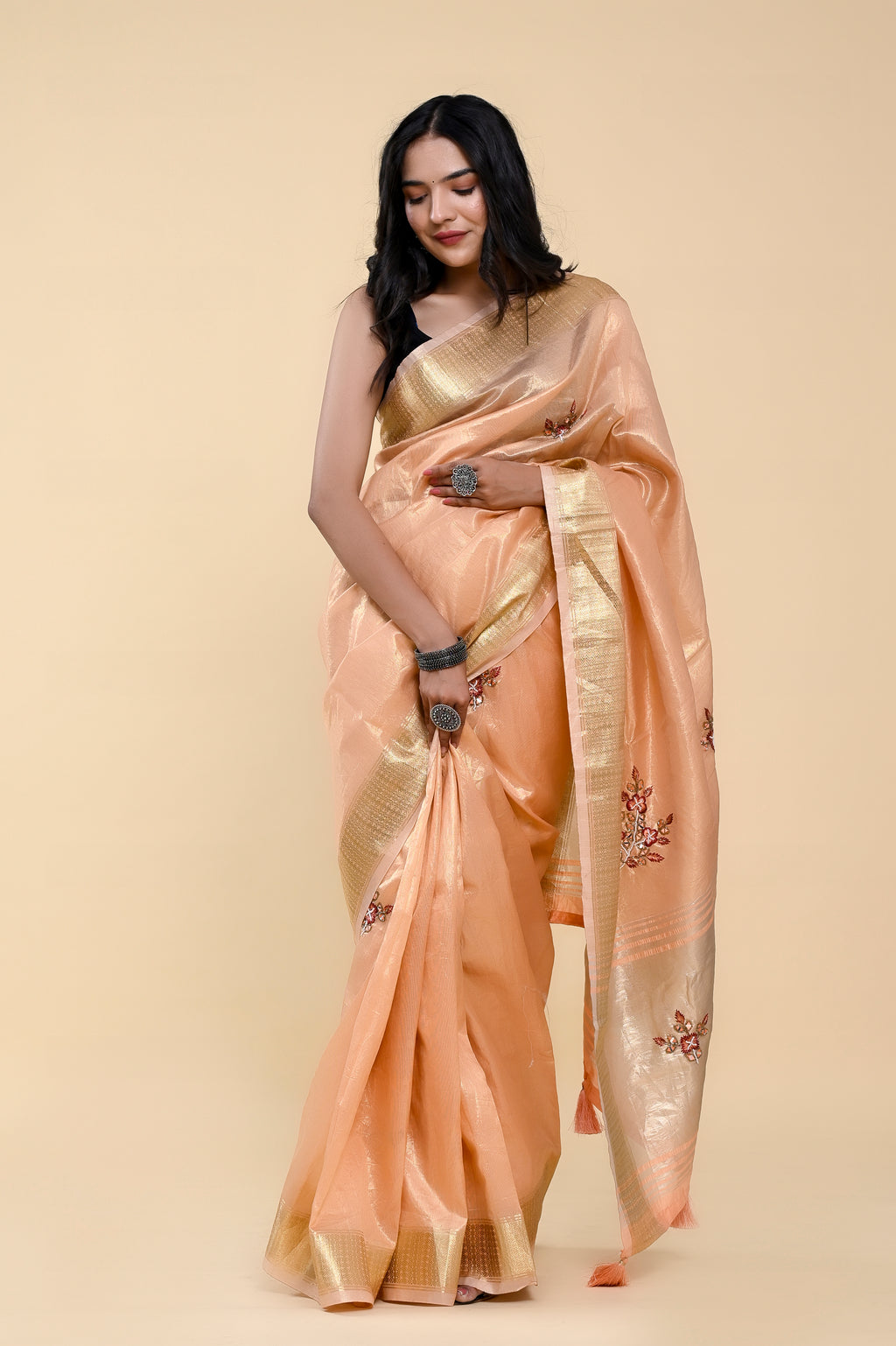 Peach Blossom Jacquard Cotton Saree | Hand-Embroidered Pearl & Thread Work Elegance