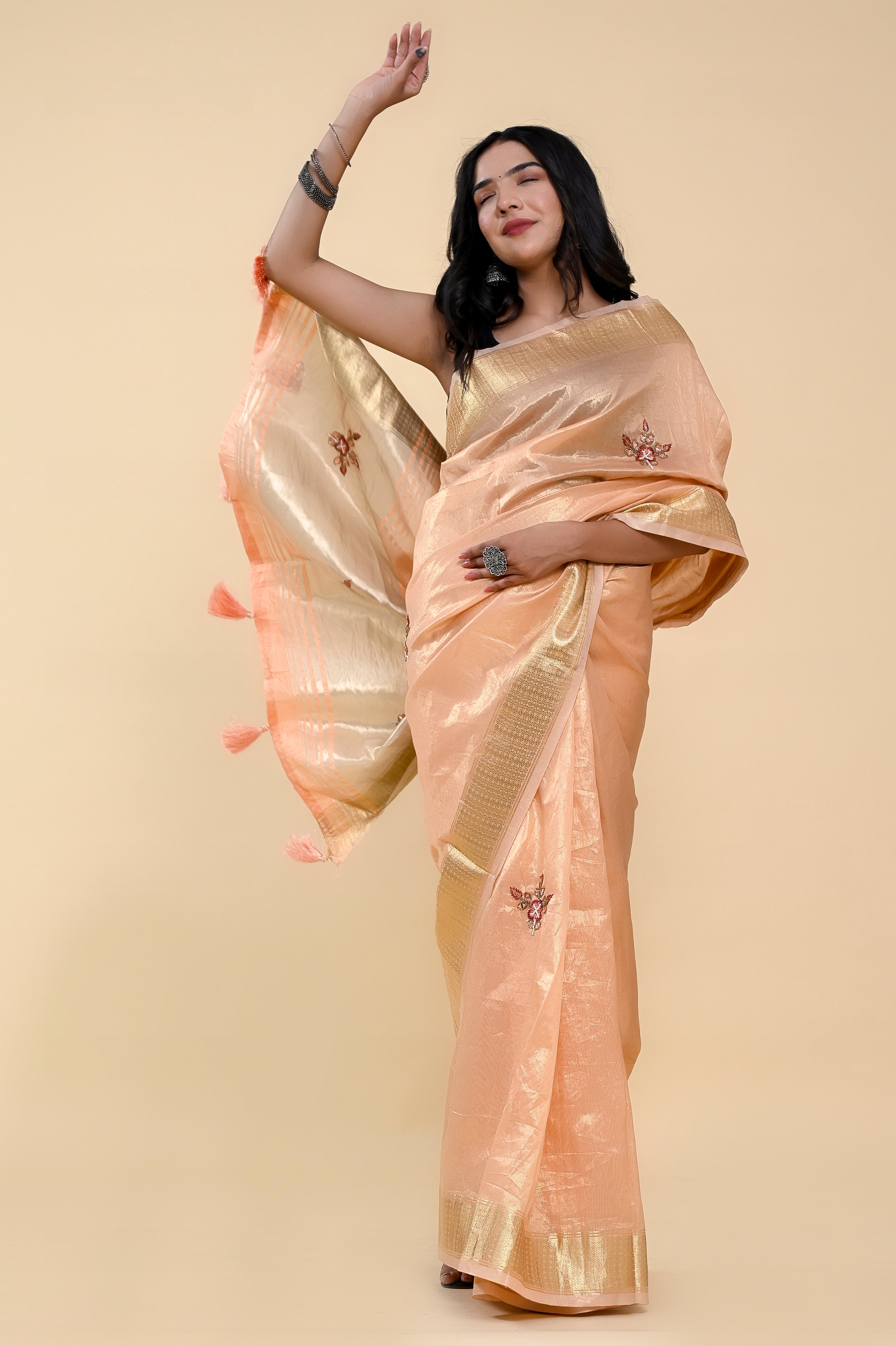 Peach Blossom Jacquard Cotton Saree | Hand-Embroidered Pearl & Thread Work Elegance