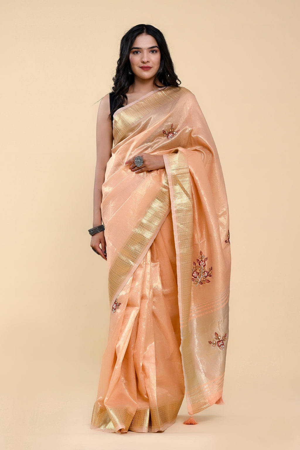 Peach Blossom Jacquard Cotton Saree | Hand-Embroidered Pearl & Thread Work Elegance